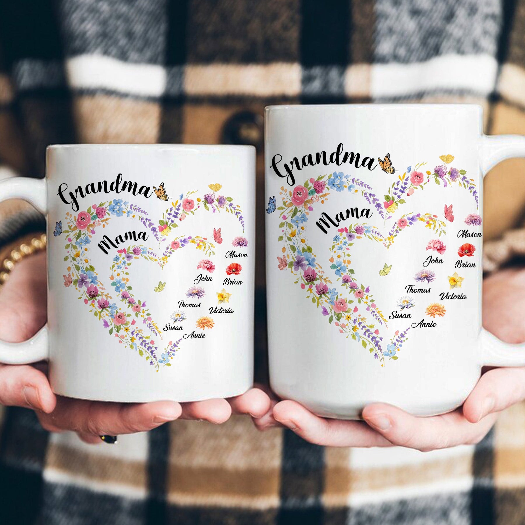 First Mom Now Grandma Heart Flower With Kids' Names & Birth Flower - Personalized Mug