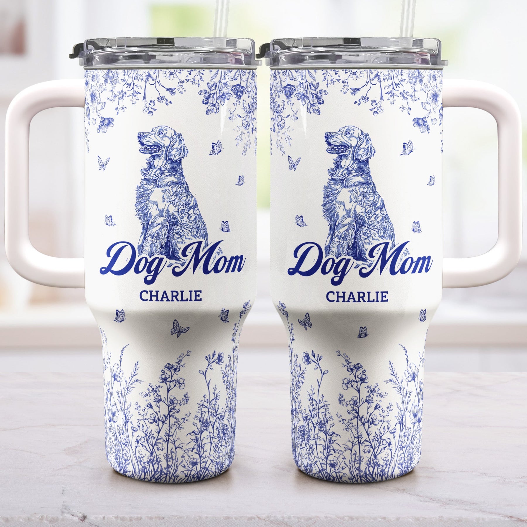 Floral Dog Mom Toile De Jouy Custom Breeds - Personalized 40oz Tumbler With Straw