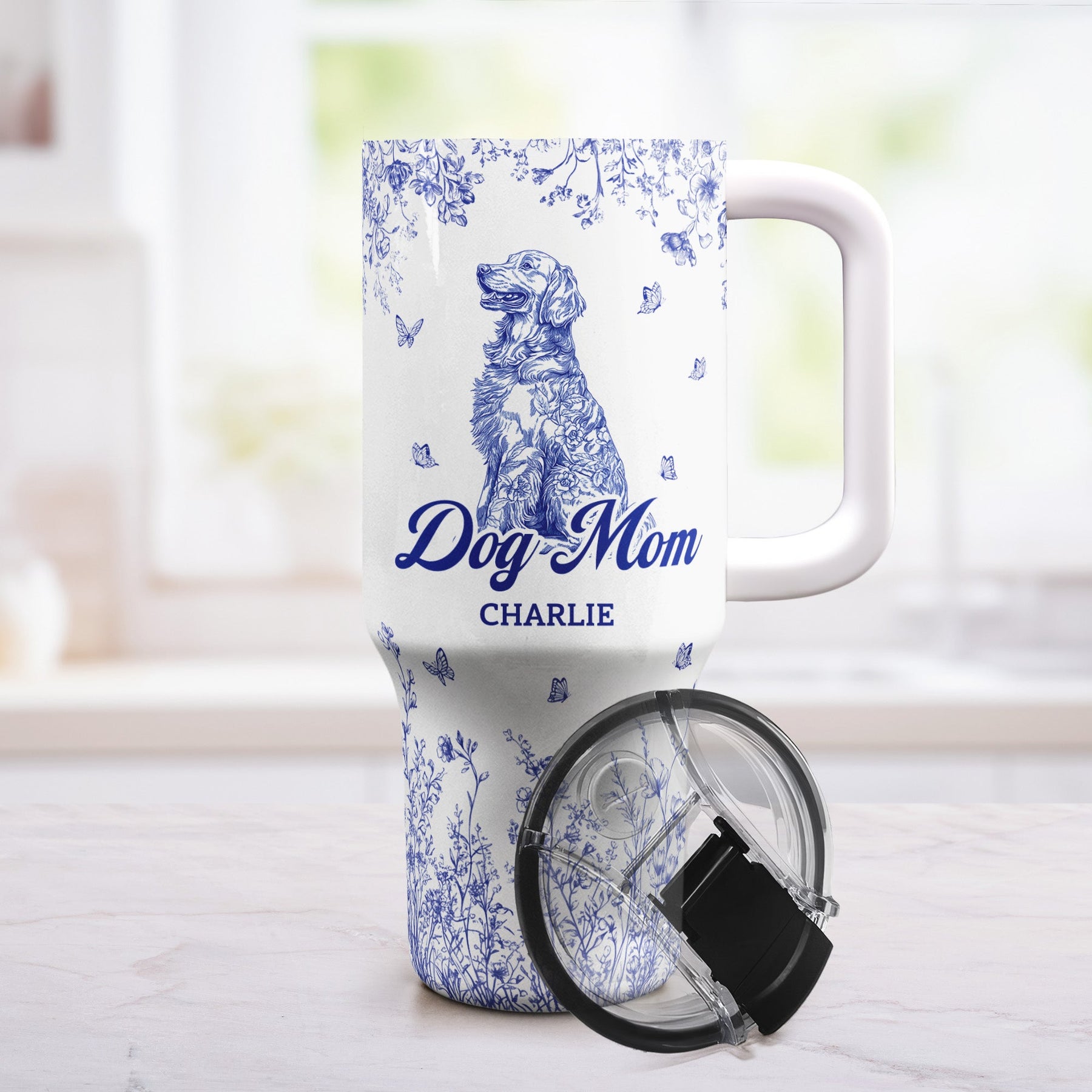 Floral Dog Mom Toile De Jouy Custom Breeds - Personalized 40oz Tumbler With Straw