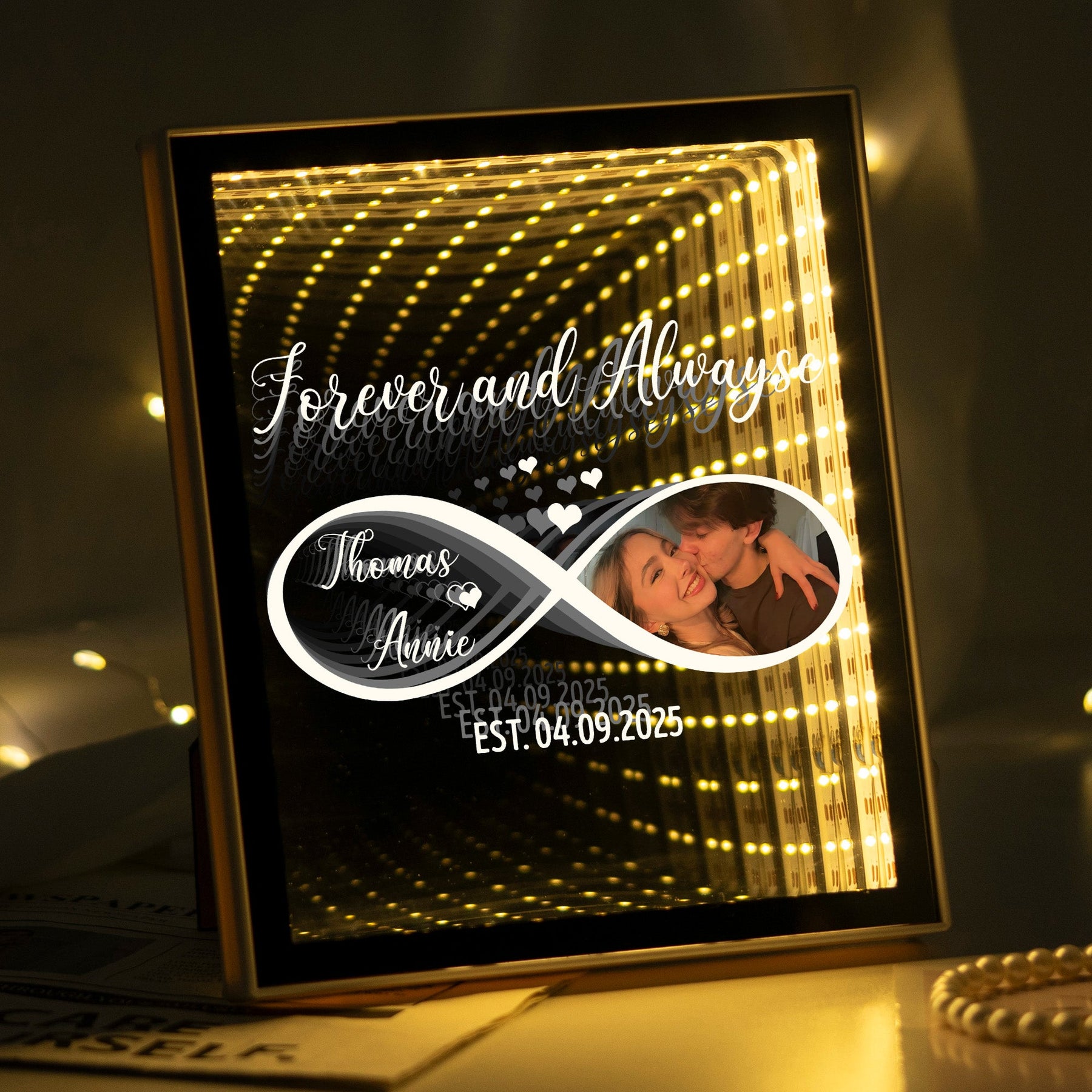 Forever And Always Infinity Love, Romantic Gifts For Her - Personalized Infinity Mirror Light Photo Box