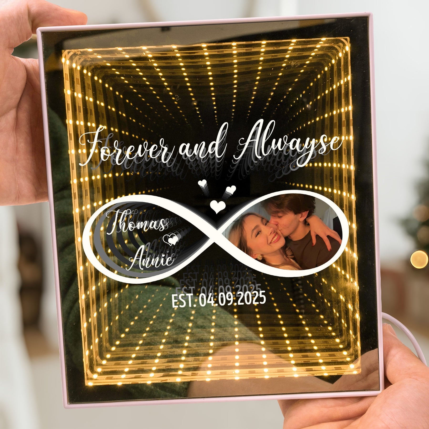 Forever And Always Infinity Love, Romantic Gifts For Her - Personalized Infinity Mirror Light Photo Box