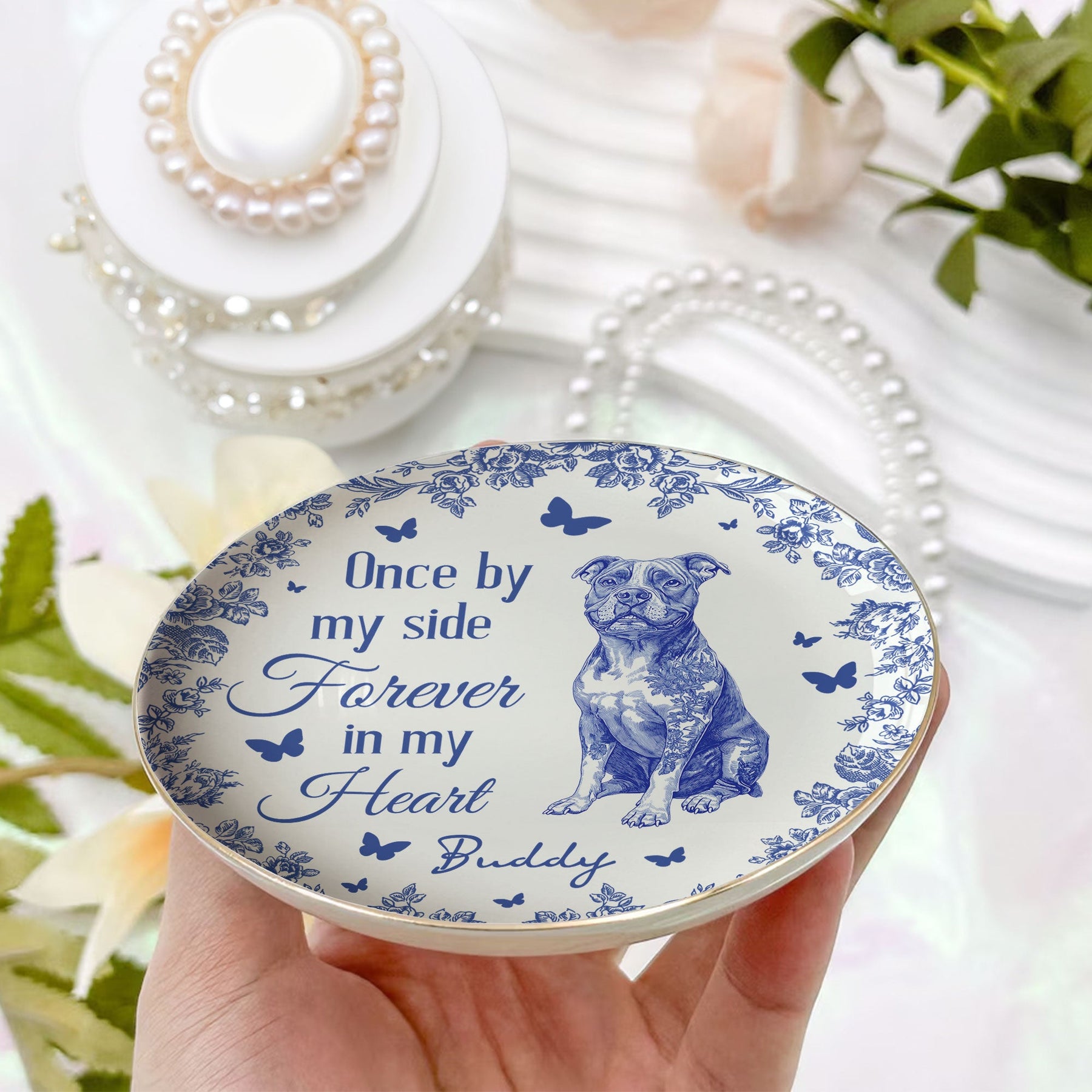 Forever In My Heart Memorial Dog Gift Toile De Jouy - Personalized Jewelry Dish