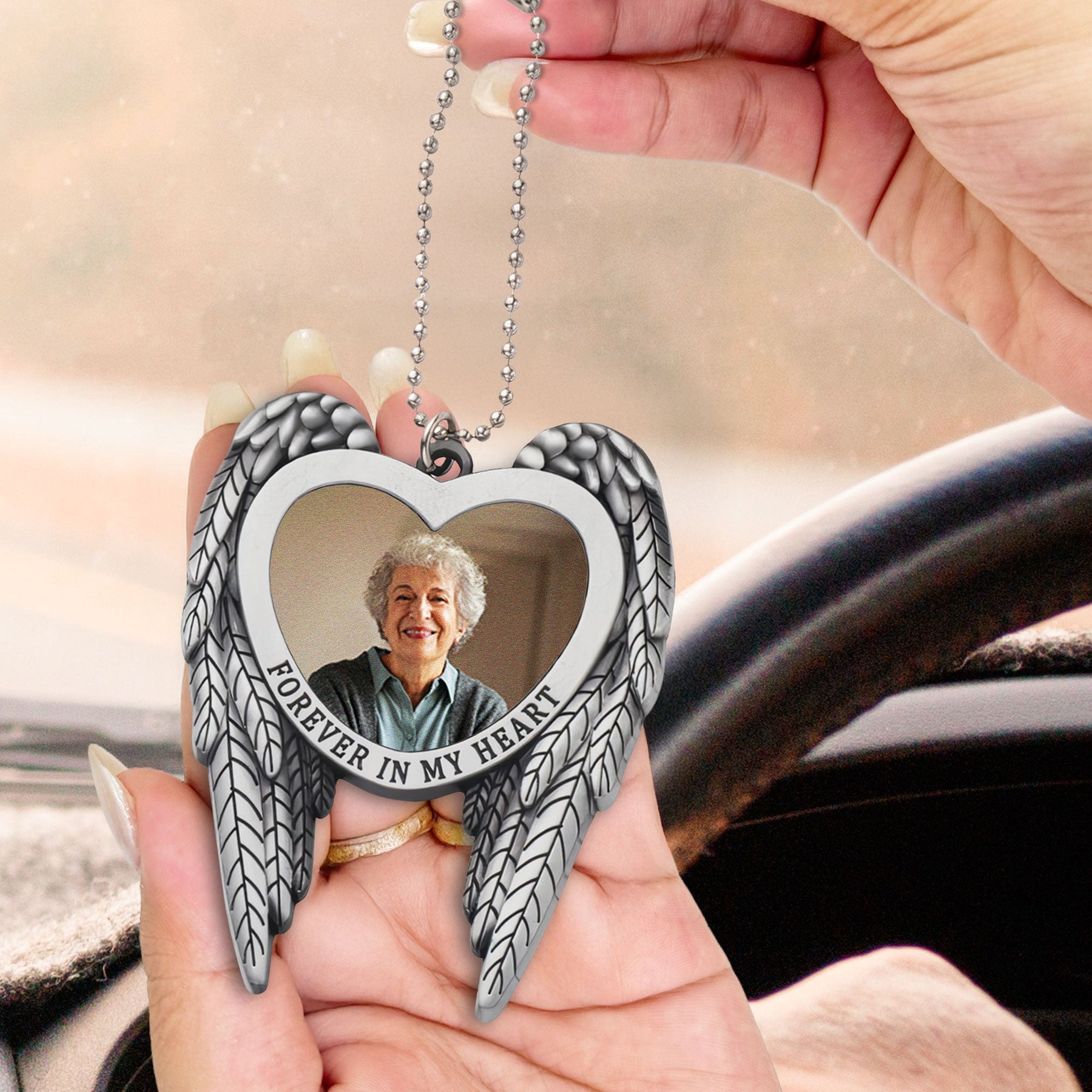 Forever In My Heart - Personalized Angel Wings Car Hanging Ornament