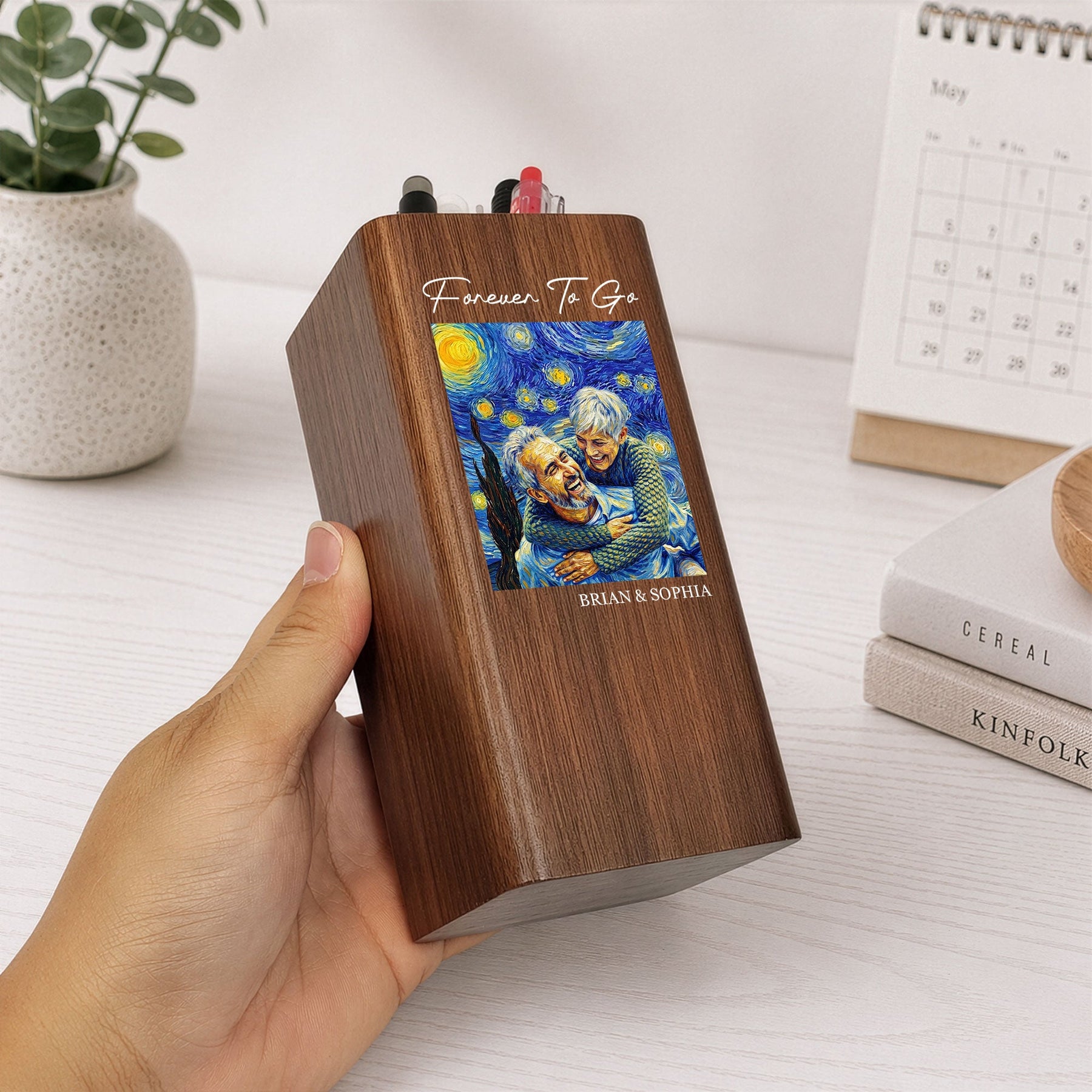 Forever To Go Custom Photo Van Gogh Art - Personalized Pen Holder With Clock