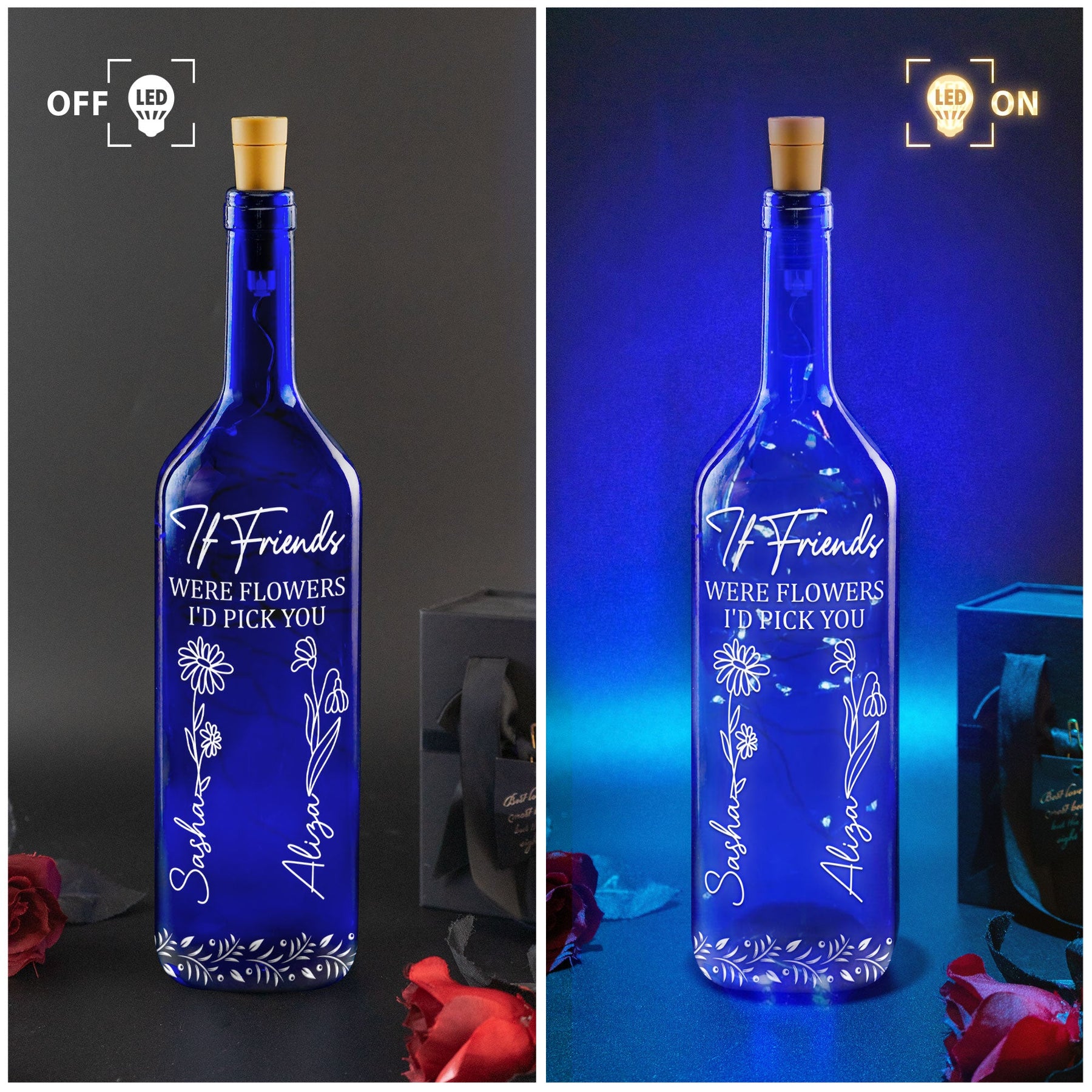 Friends Were Flowers I'd Pick You - Personalized Blue Bottle Lamp