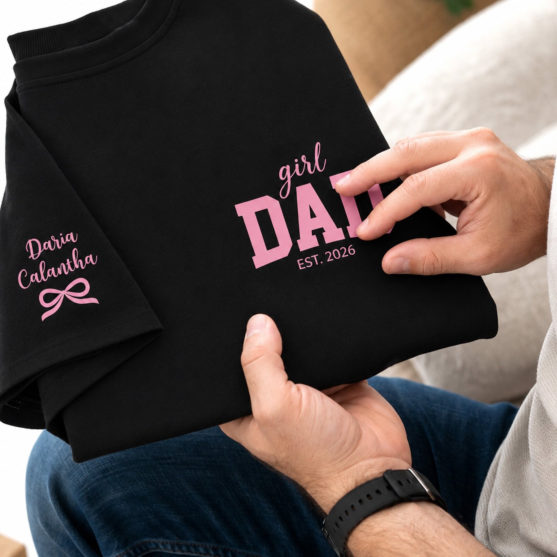 Girl Dad With Kids' Names On Sleeves - Pink Dad - Personalized Shirt 2