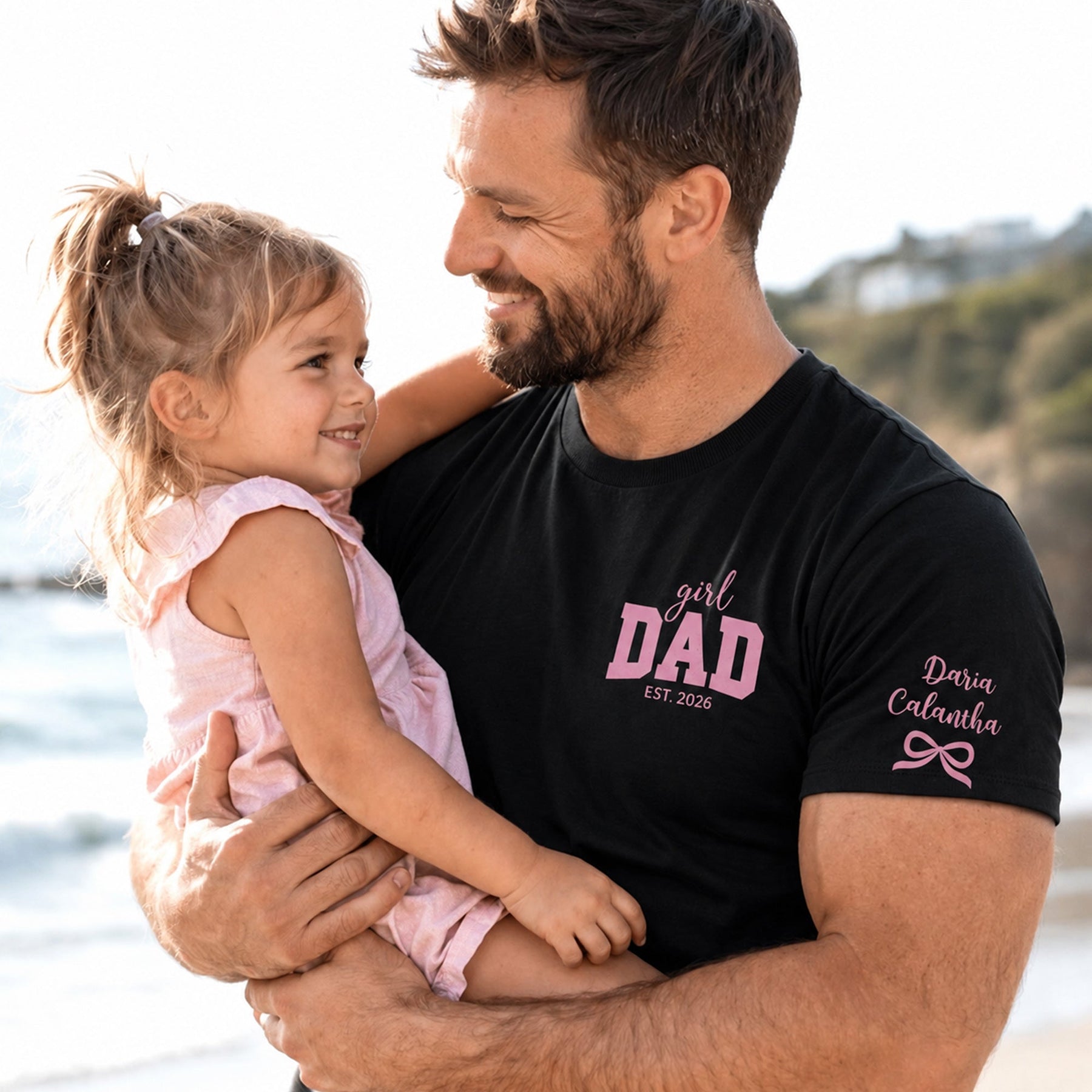 Girl Dad With Kids' Names On Sleeves - Pink Dad - Personalized Shirt 2