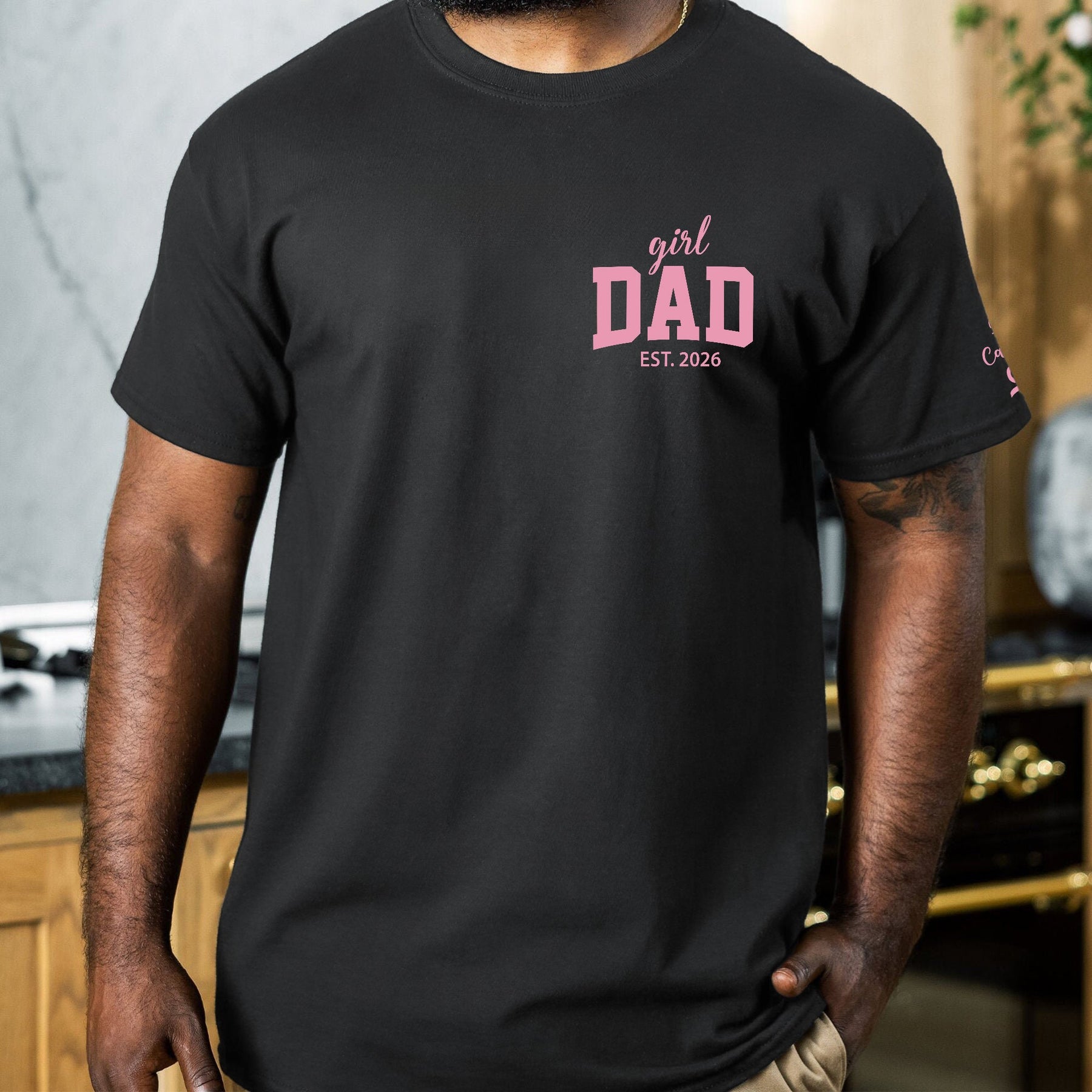 Girl Dad With Kids' Names On Sleeves - Pink Dad - Personalized Shirt 2