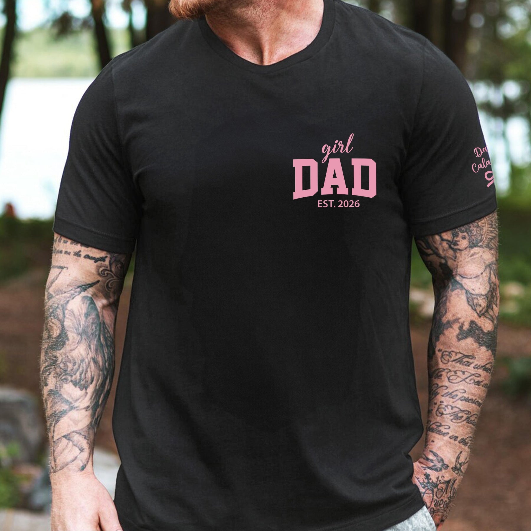 Girl Dad With Kids' Names On Sleeves - Pink Dad - Personalized Shirt
