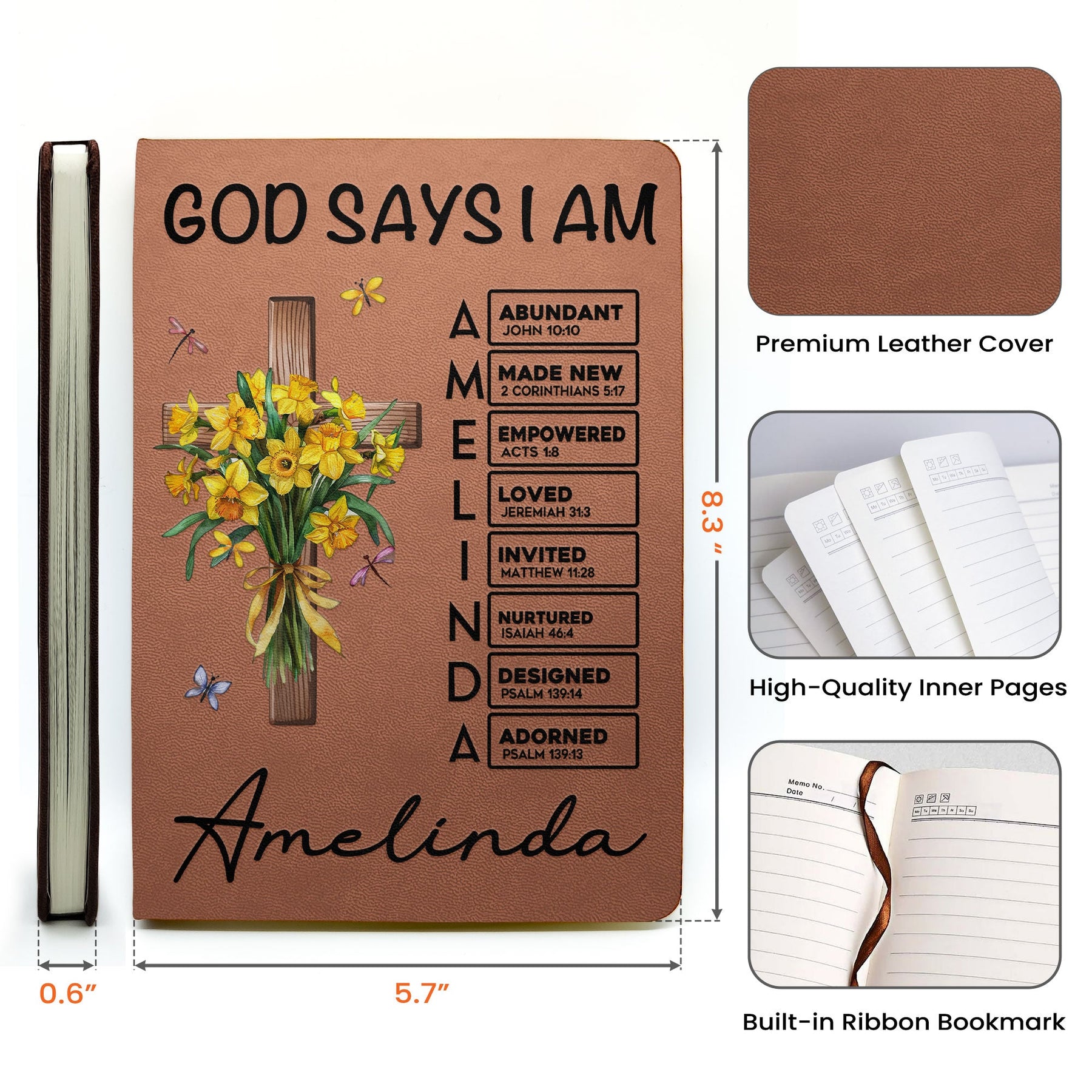 God Says I Am Name In Bible Verse Birth Flower - Personalized Leather Journal