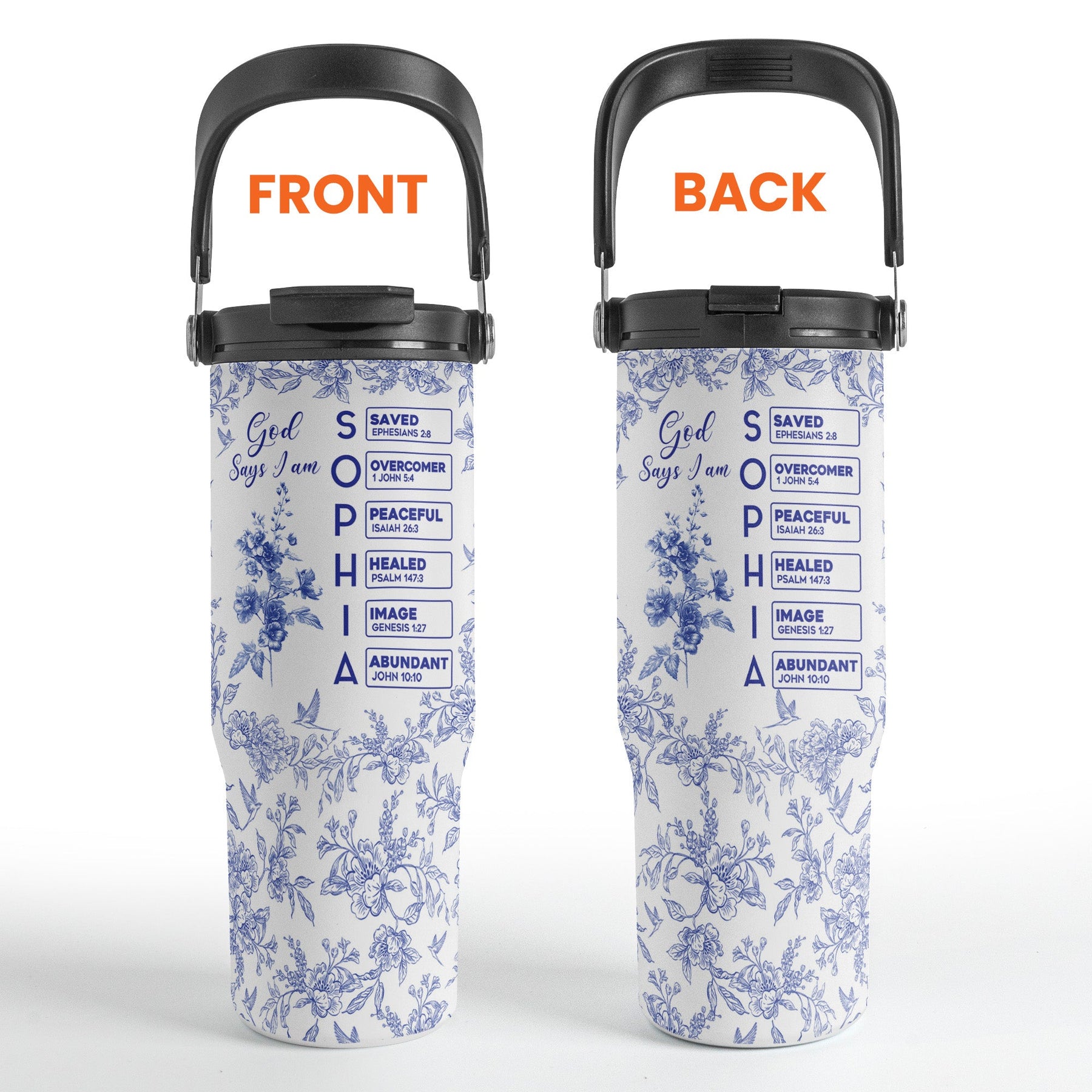 God Says I Am Name Letter In Bible Toile De Jouy Style - Personalized 30oz Tumbler With Handle