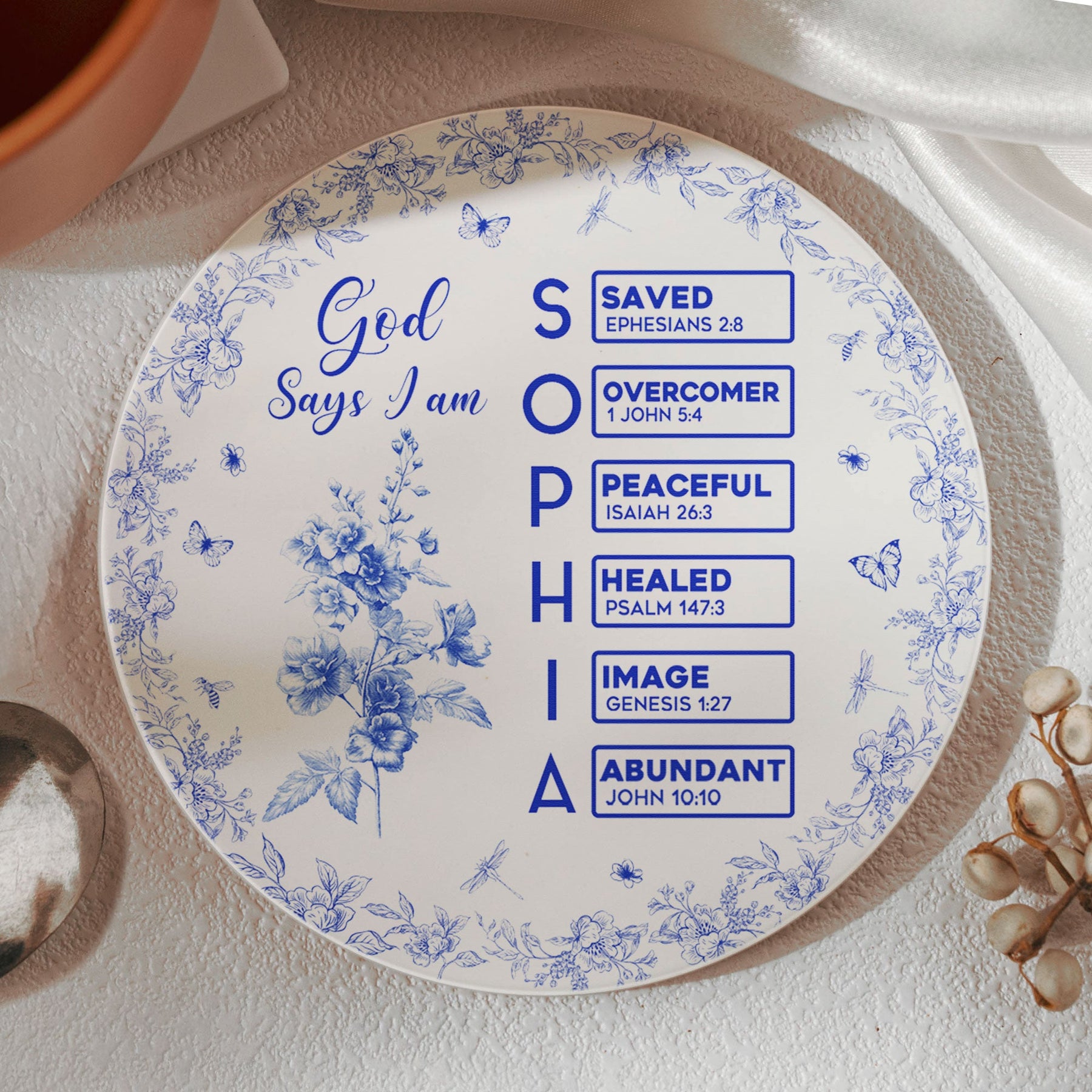 God Says I Am Name Letter In Bible Toile De Jouy Style - Personalized Ceramic Coaster