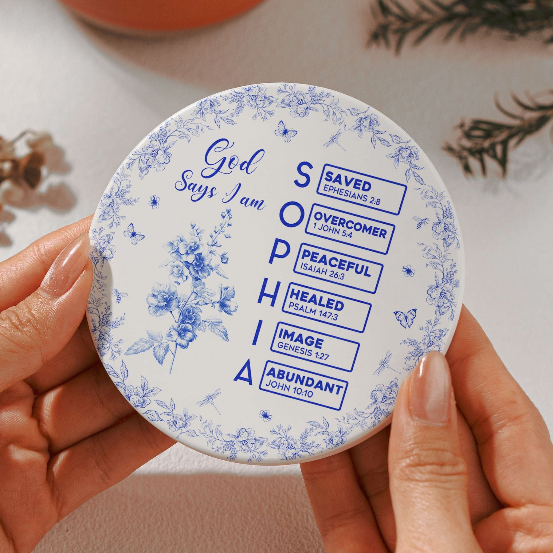 God Says I Am Name Letter In Bible Toile De Jouy Style - Personalized Ceramic Coaster