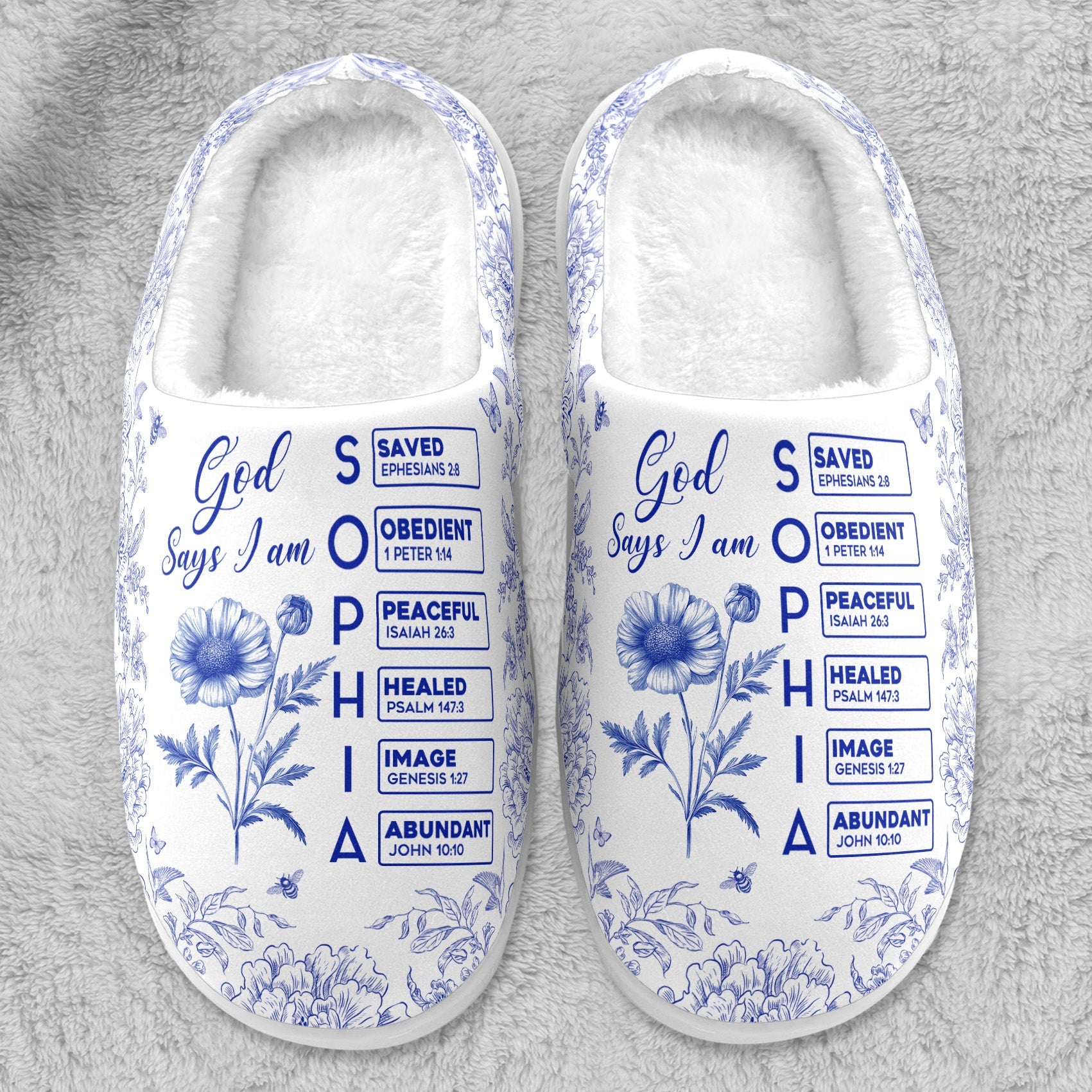 God Says I Am Name Letter In Bible Toile De Jouy Style - Personalized Slippers