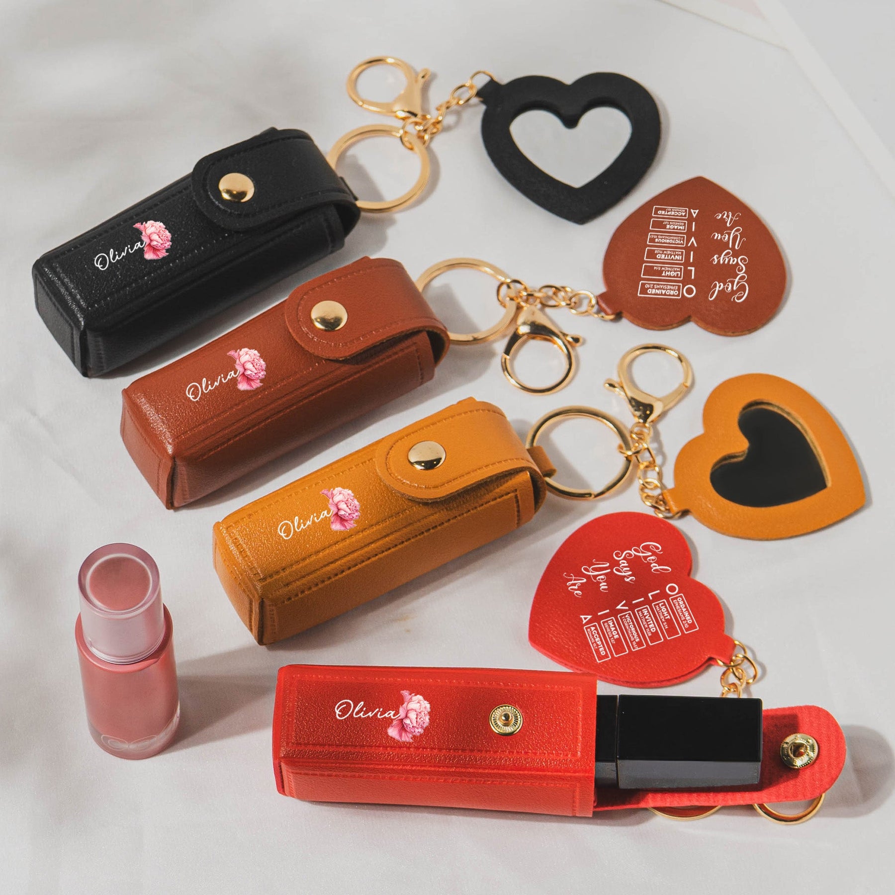 God Says You Are Name In Bible Verses - Personalized Leather Lipstick Case With Mirror Keychain