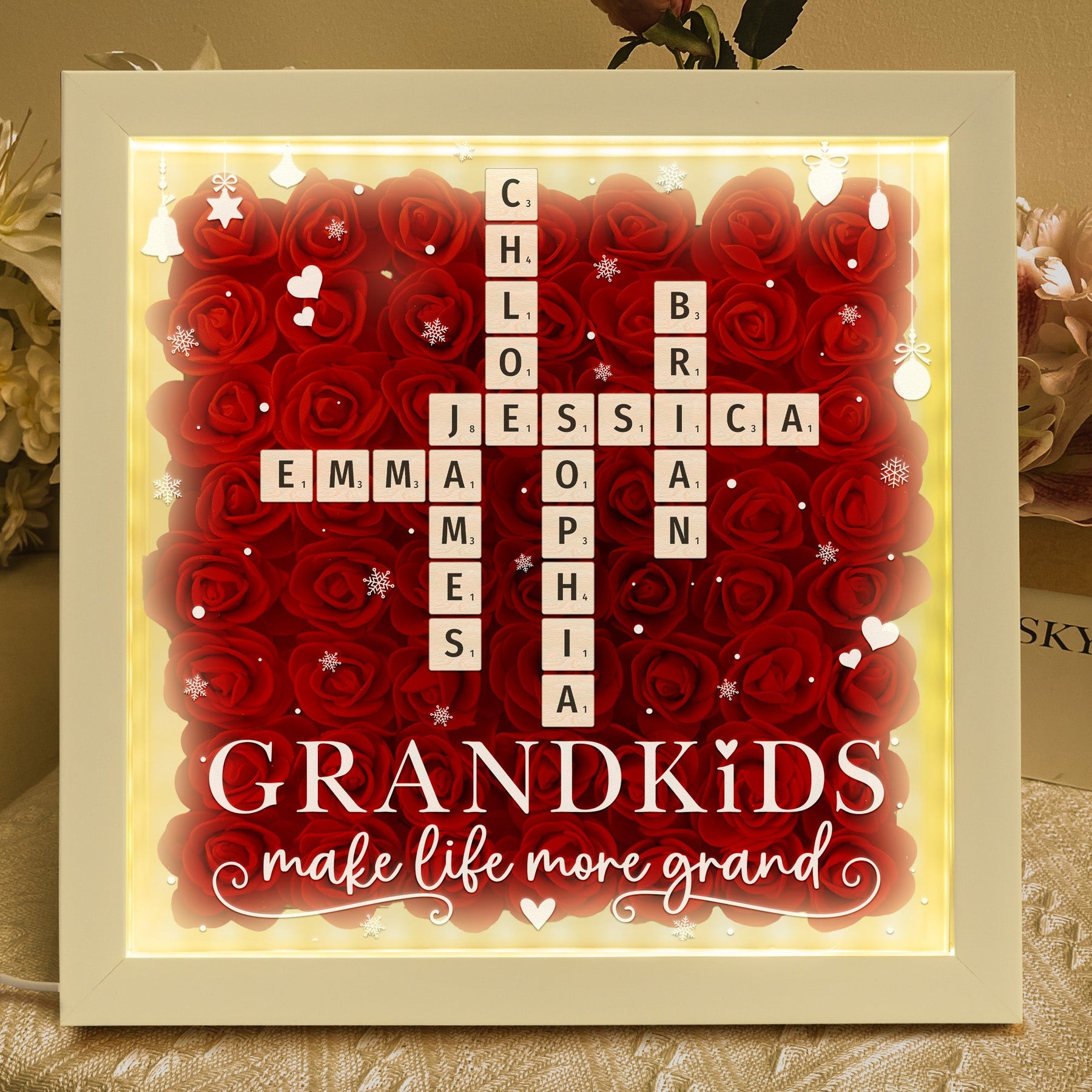 Grandkids Make Life More Grand - Personalized Flower Shadow Box With LED Light
