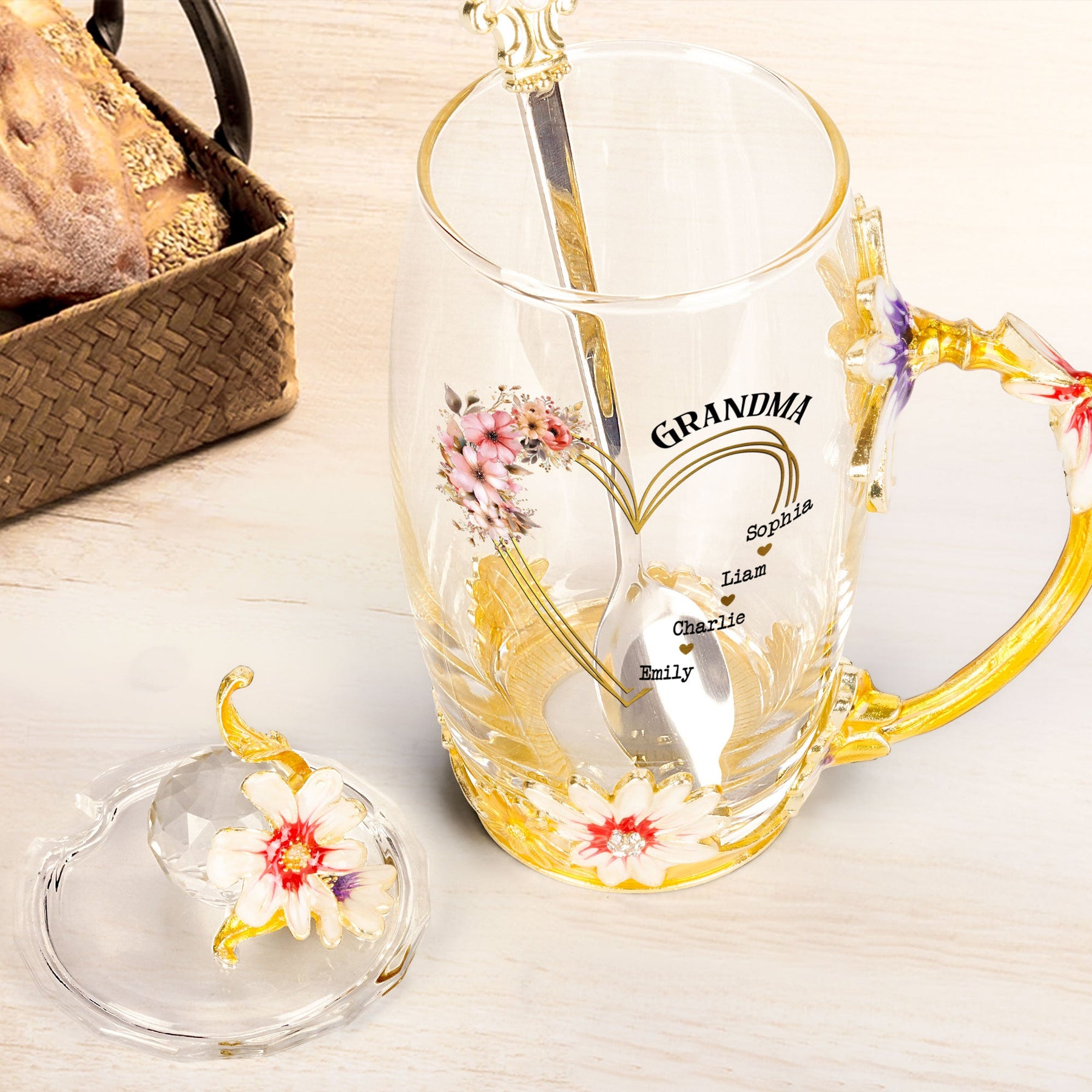 Grandma Floral Style Custom Kids' Names - Personalized Enamel Flower Tea Cup