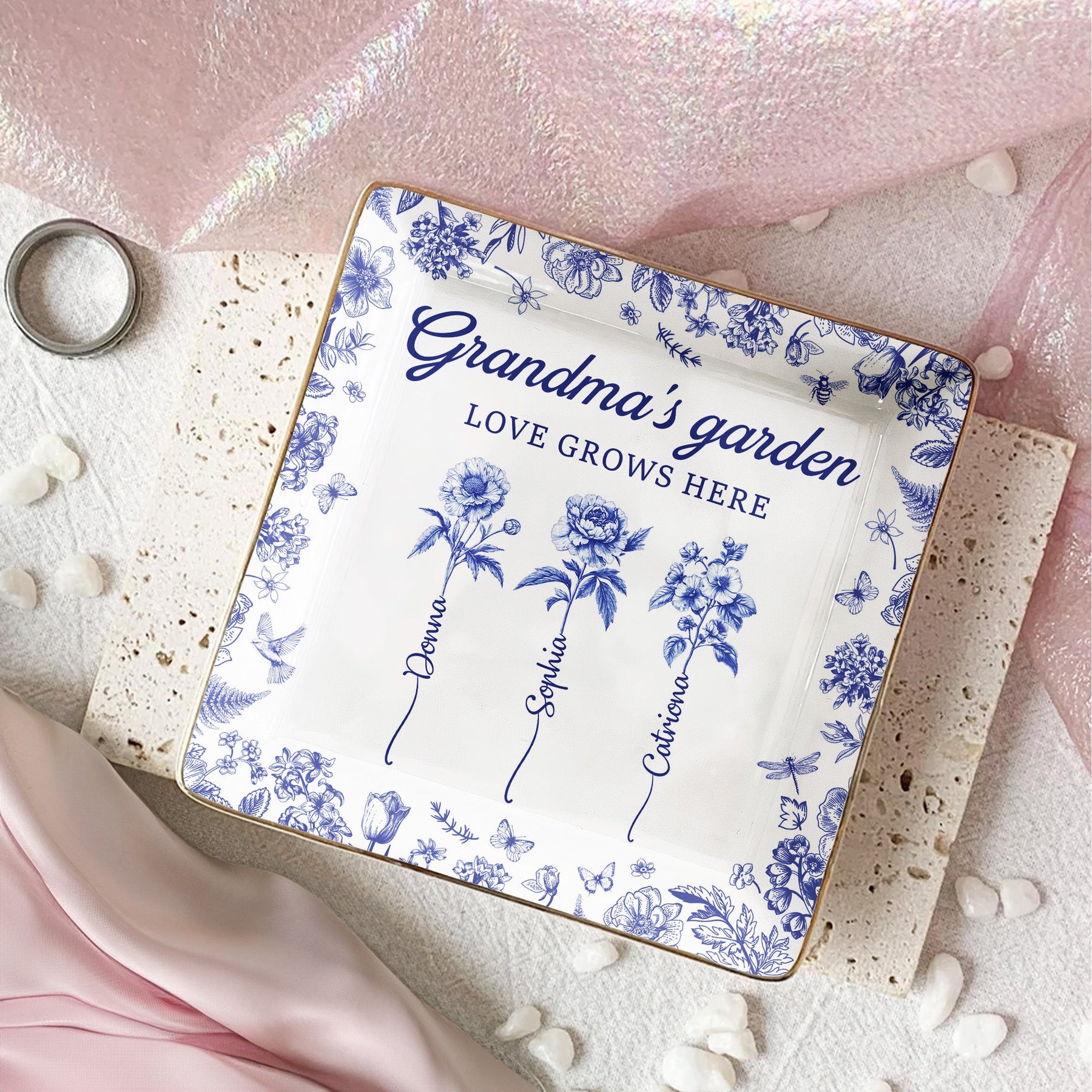 Grandma's Garden Custom Birth Flower Toile De Jouy Gift - Personalized Jewelry Dish