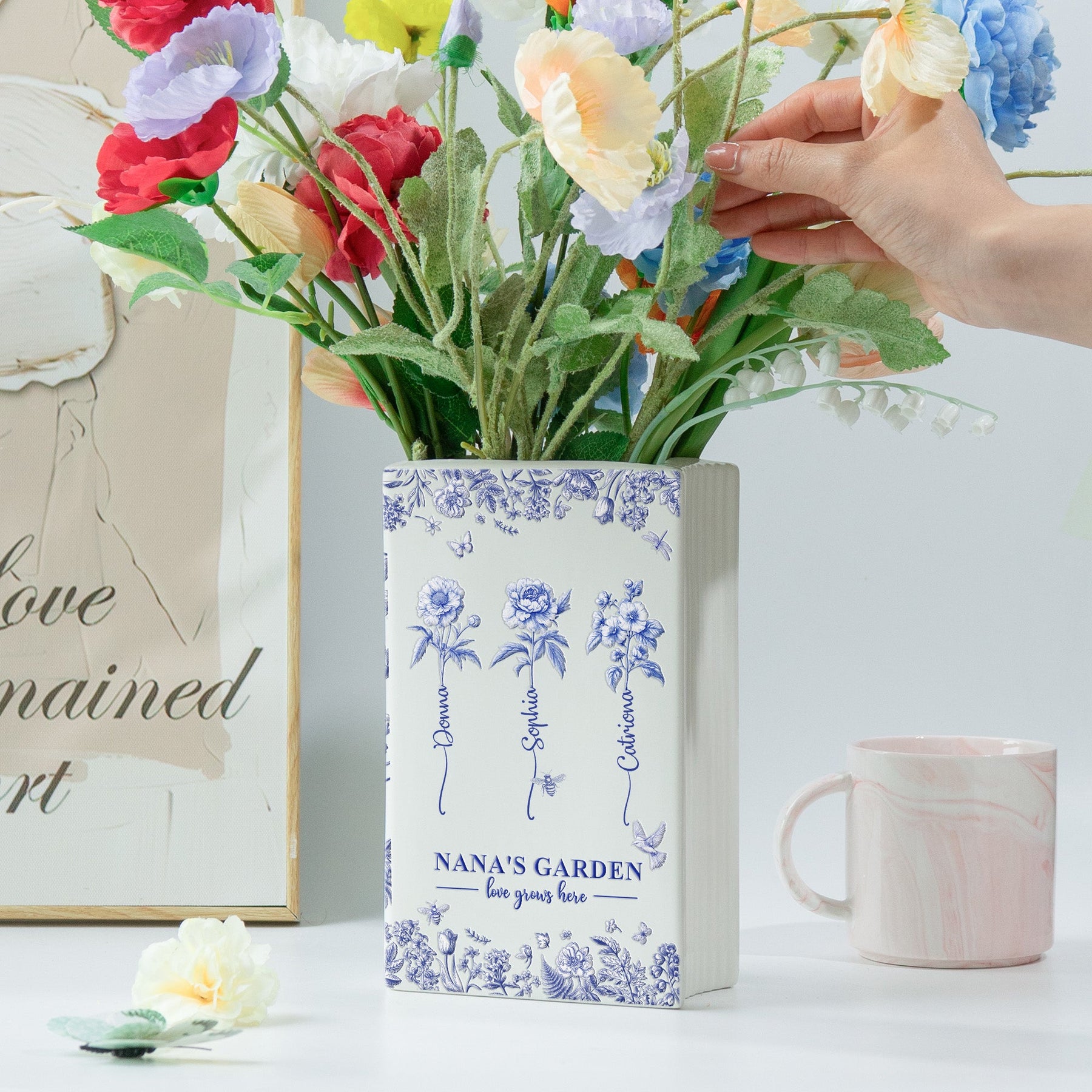 Grandma's Garden, Custom Grandkids' Birth Flowers - Toile De Jouy Style - Personalized Vase