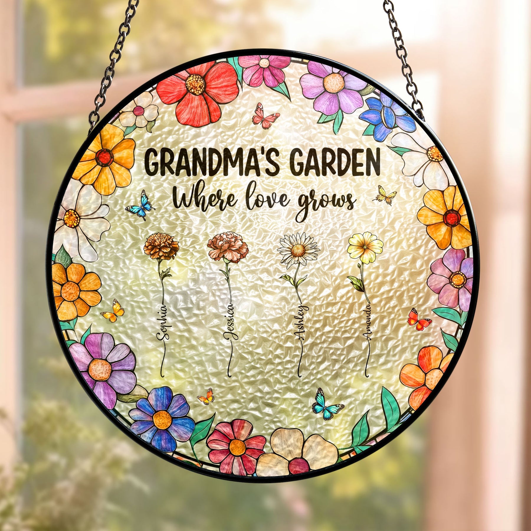 Grandma's Garden Ver 2 - Personalized Stained Glass Window Hanging Suncatcher Ornament