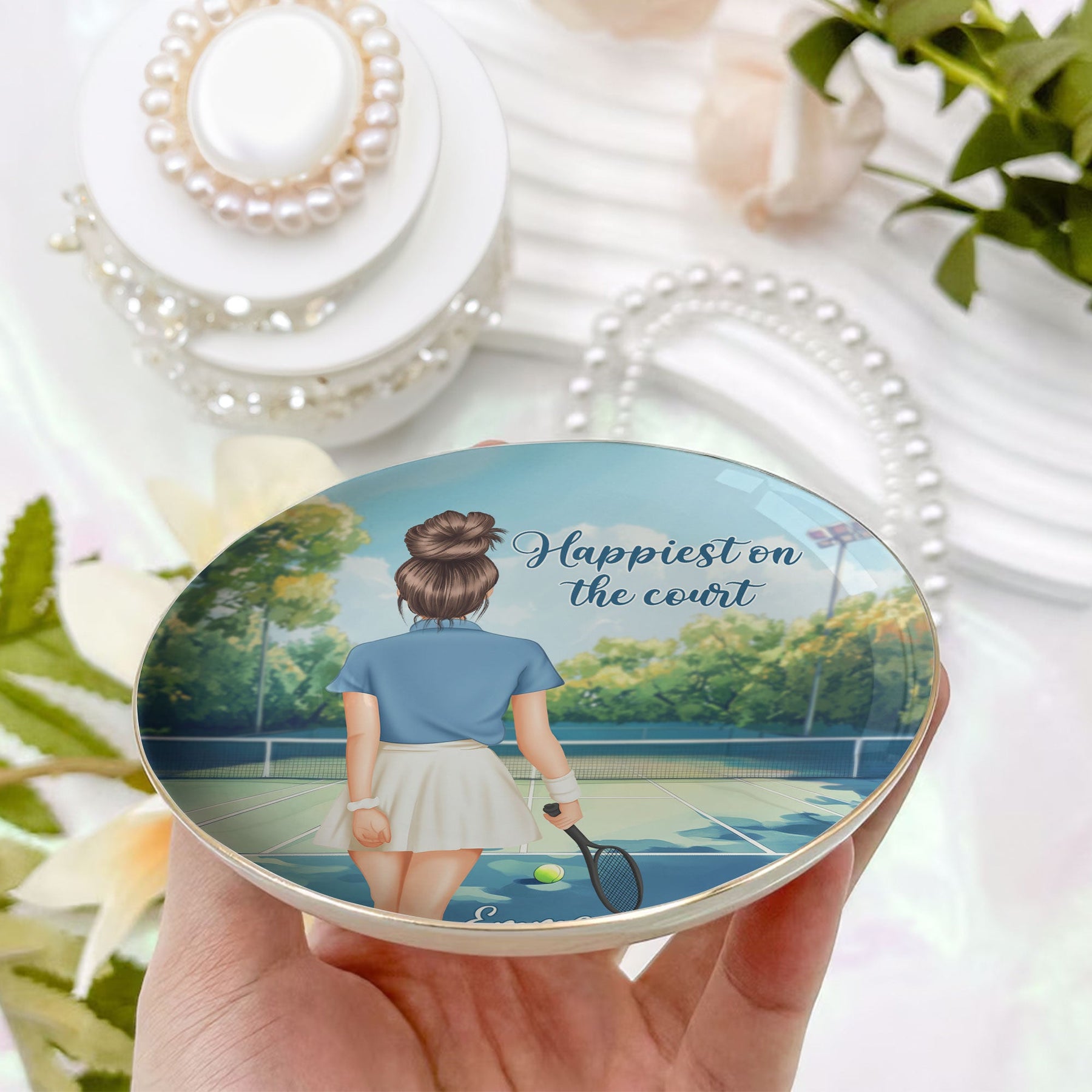 Happiest On The Court Tennis Player - Personalized Jewelry Dish