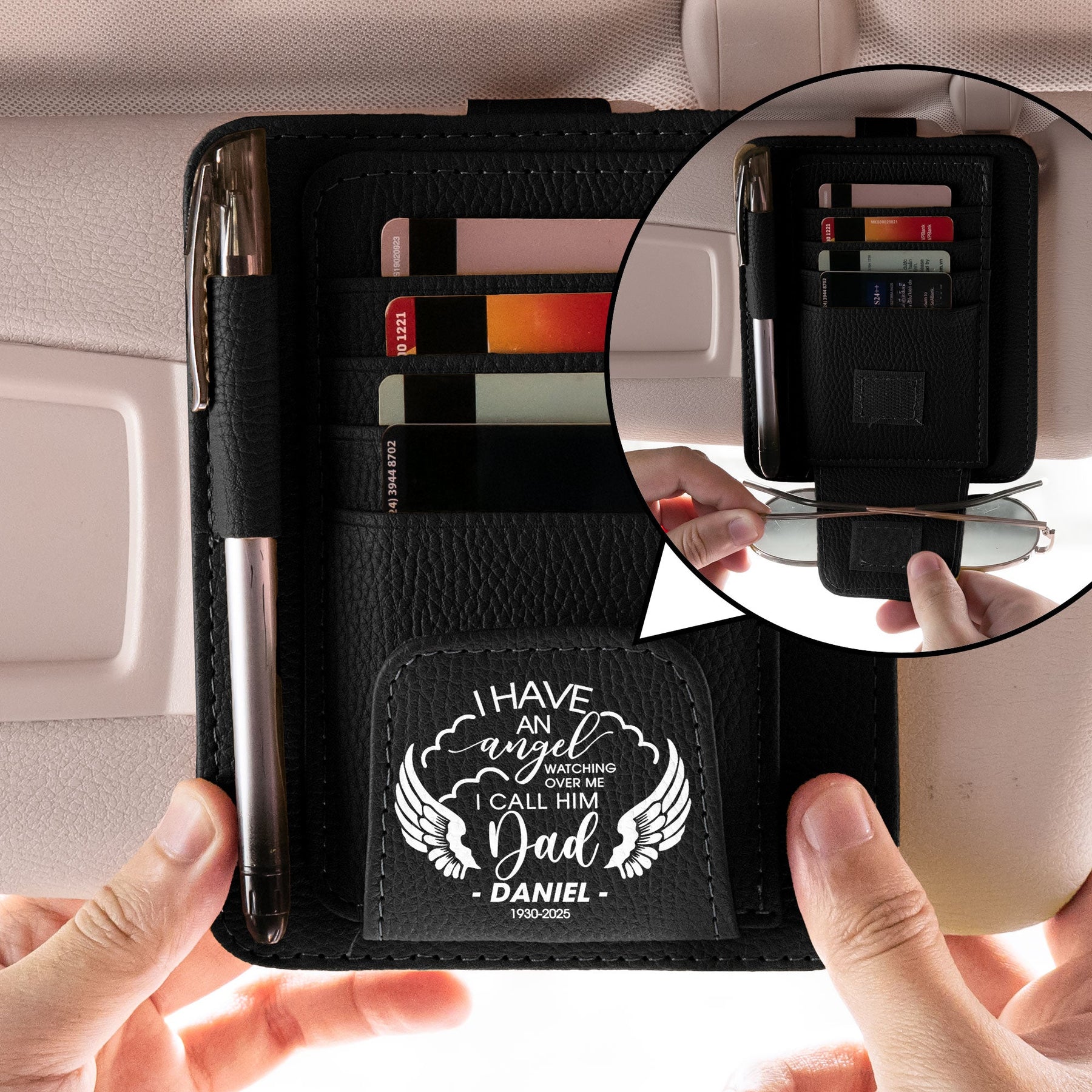I Have An Angel Watching Over Me - Memorial Gifts - Personalized Leather Car Visor Organizer