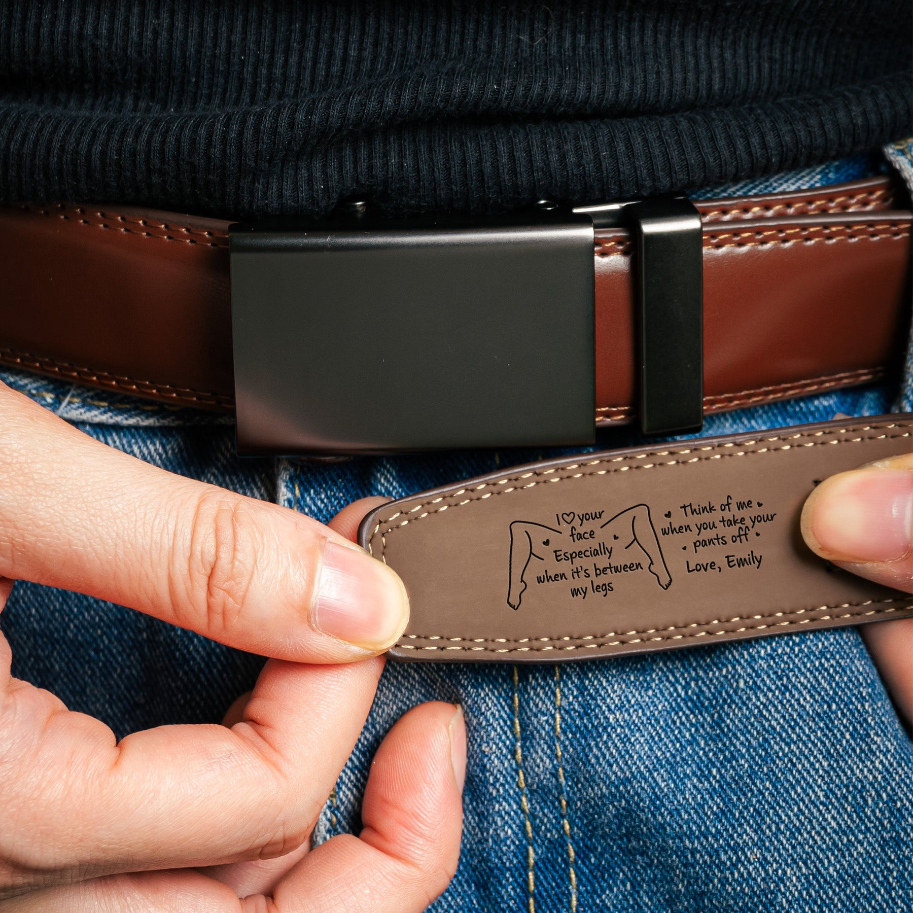I Love Your Face Especially When It's Between My Legs - Naughty Gift For Him - Personalized Leather Belt With Engraved Buckle