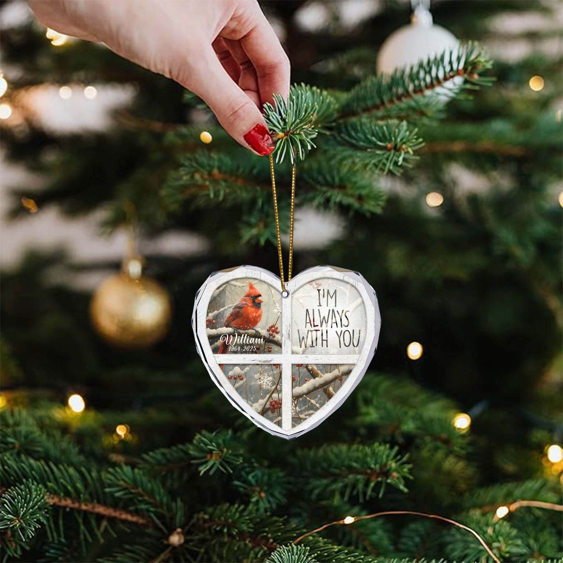 I'm Always With You Red Cardinal - Personalized Heart Glass Ornament