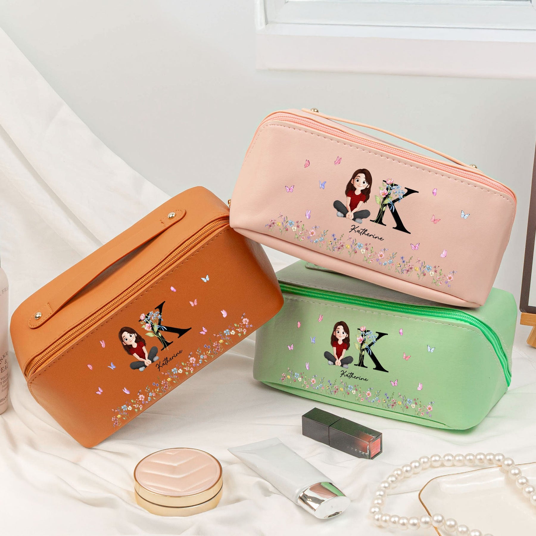 Initial Name Floral - Personalized Leather Makeup Bag