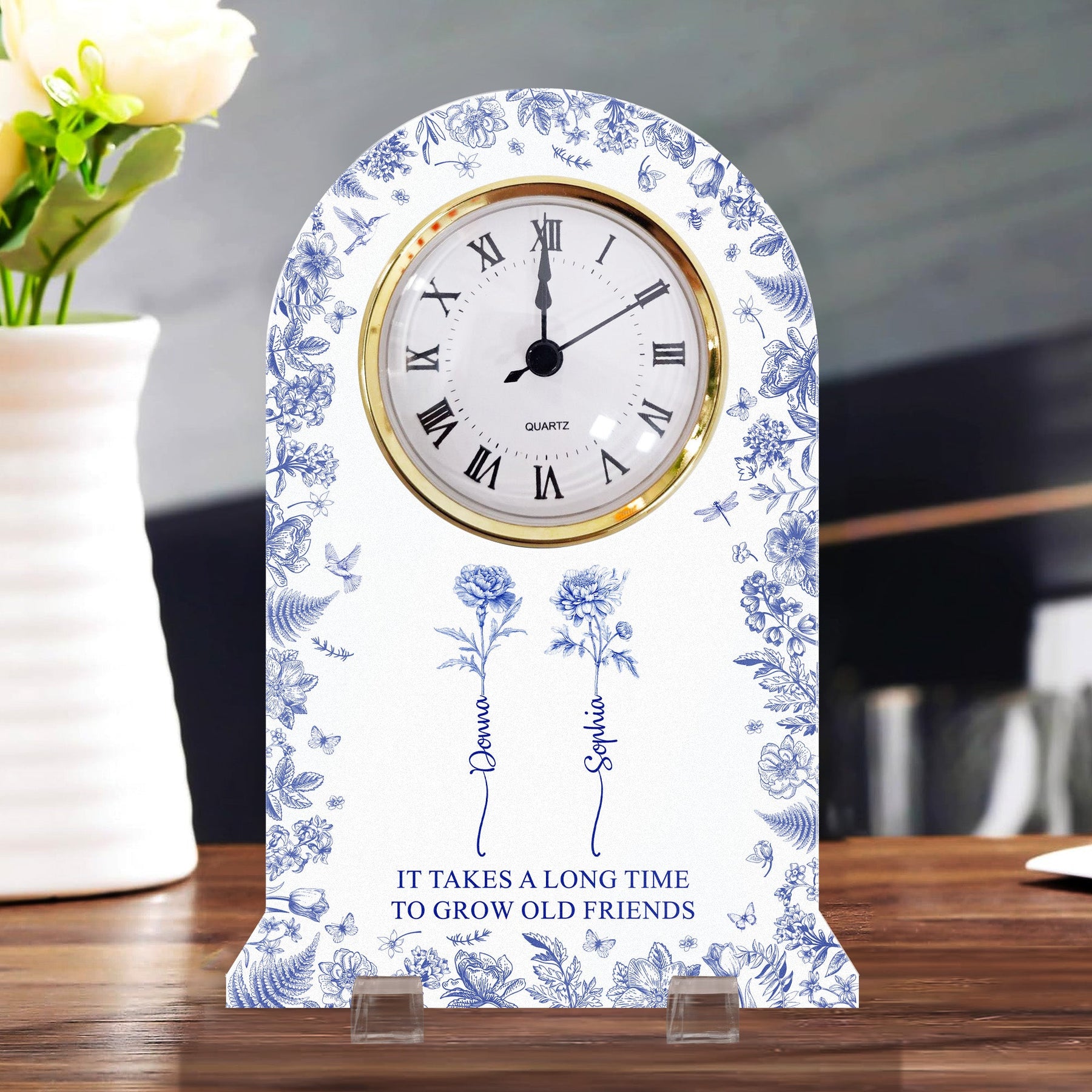 It Takes A Long Time To Grow Old Friends Toile De Jouy Birth Flower - Personalized Acrylic Desk Clock
