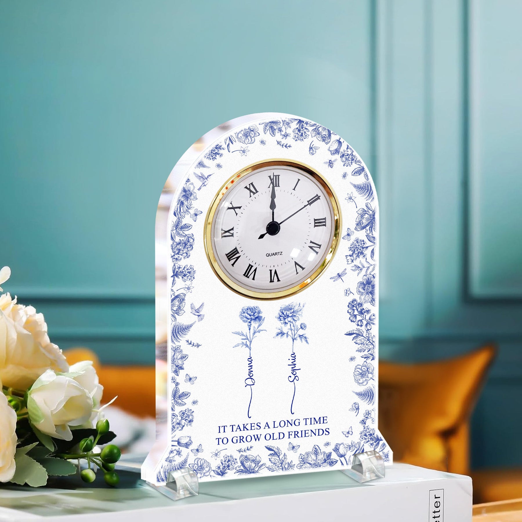 It Takes A Long Time To Grow Old Friends Toile De Jouy Birth Flower - Personalized Acrylic Desk Clock