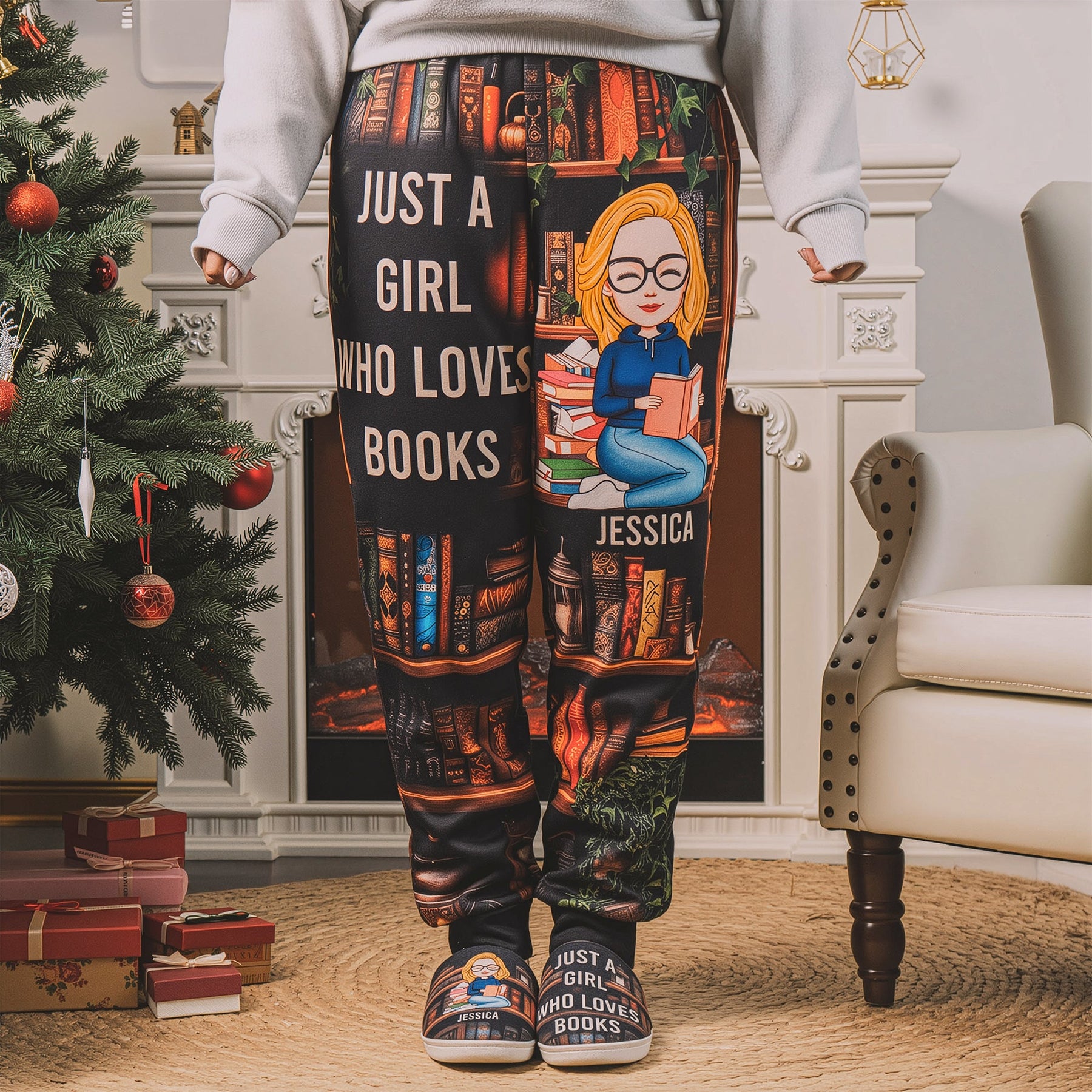 Just A Girl Who Loves Books - Custom Gift Set - Lounge Pants With Pockets, Custom Pajama Pants, Jogger Sweatpants, Gift For Her