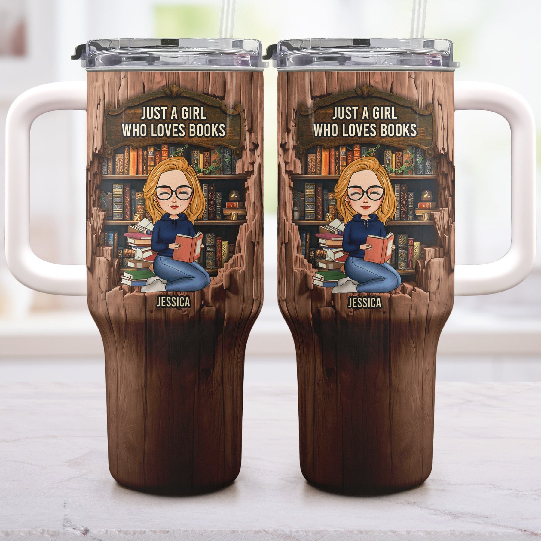 Just A Girl Who Loves Books-Wood Effect - Personalized 40oz Tumbler With Straw