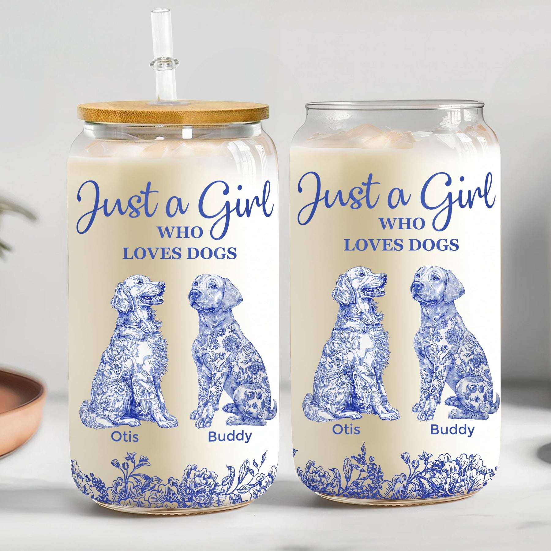 Just A Girl Who Loves Dogs Toile De Jouy Chinoiserie - Personalized Clear Glass Cup