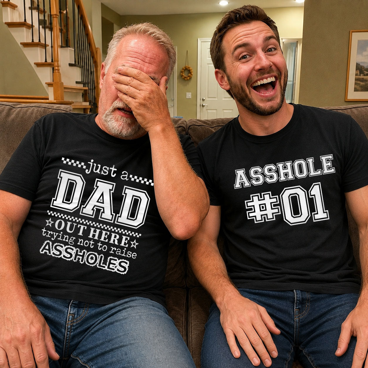 Just A Dad, Mom Trying Not To Raise Assholes - Funny Gifts Family - Personalized Shirt