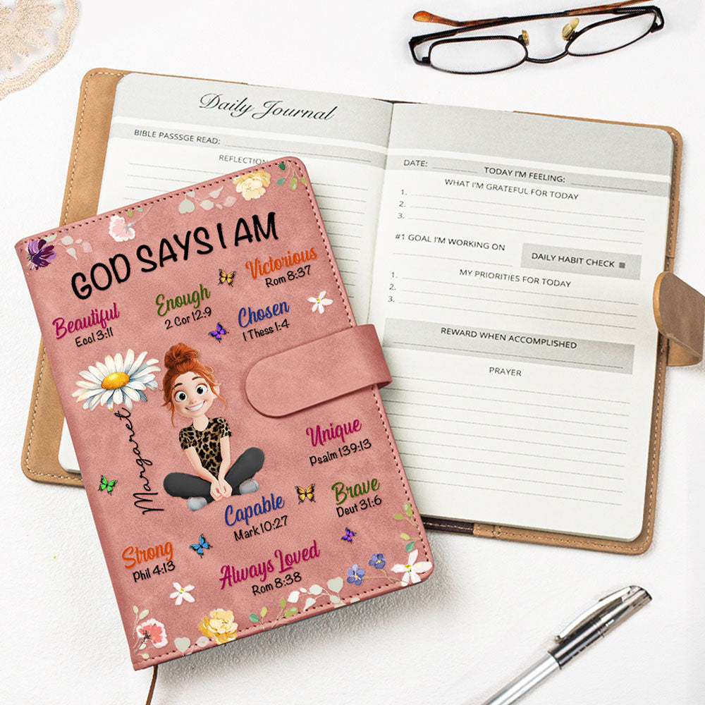 Kid Birth Flower God Says I Am - Personalized Leather Prayer Journal