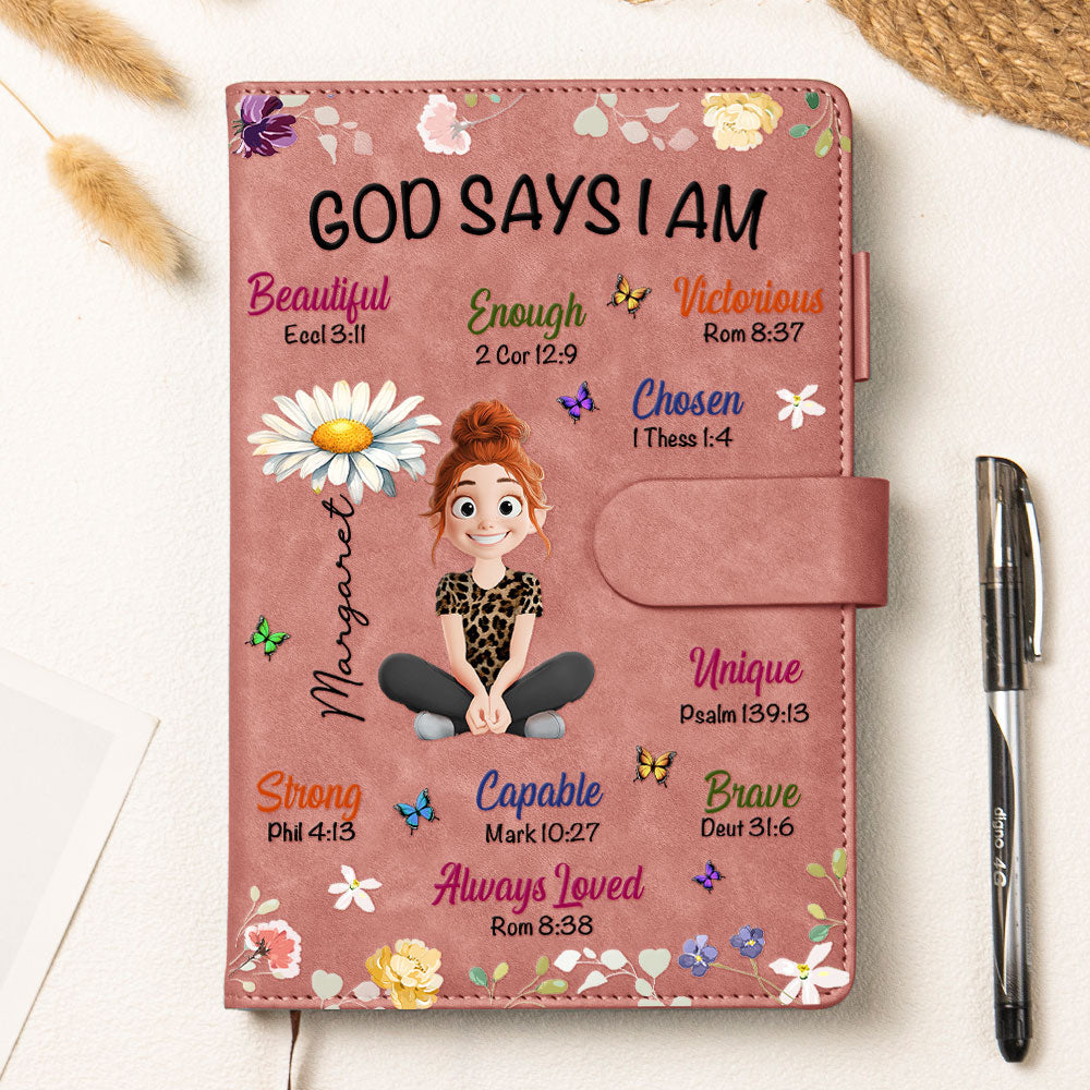 Kid Birth Flower God Says I Am - Personalized Leather Prayer Journal