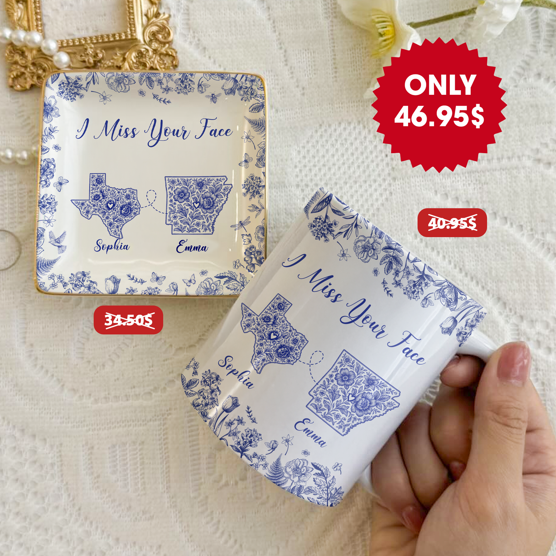 Long Distance Relationship I Miss You Toile De Jouy Custom States - Personalized Gift Set