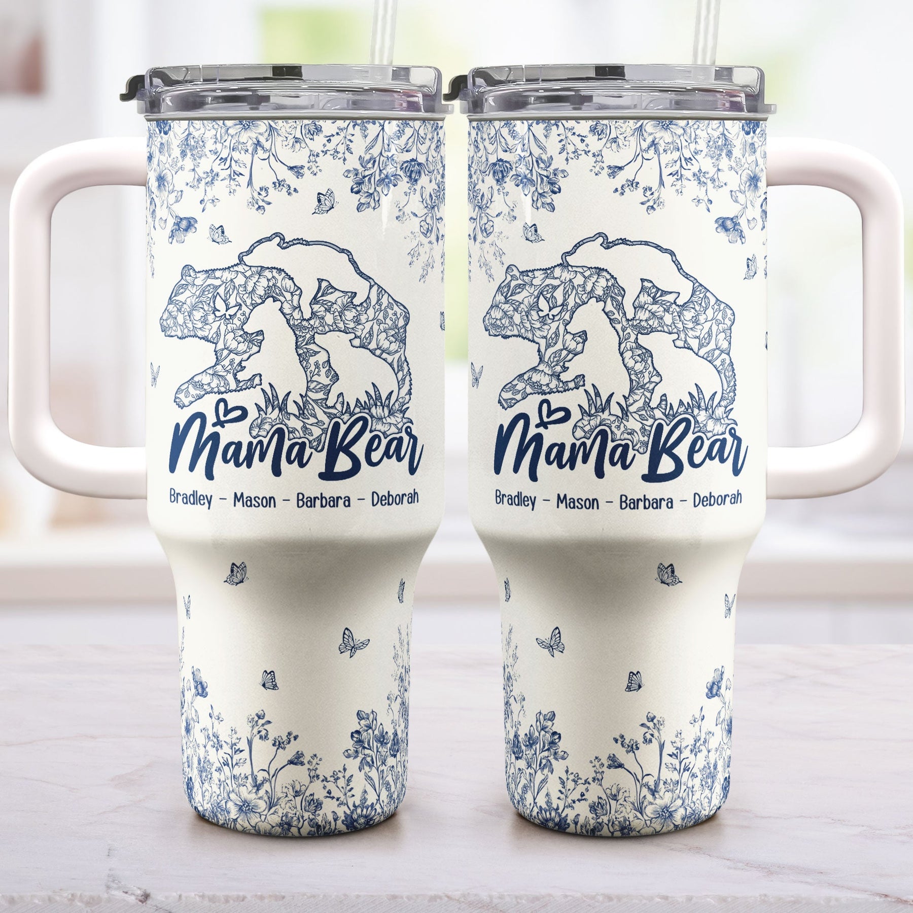 Mama Bear Toile De Jouy - Personalized 40oz Tumbler With Straw