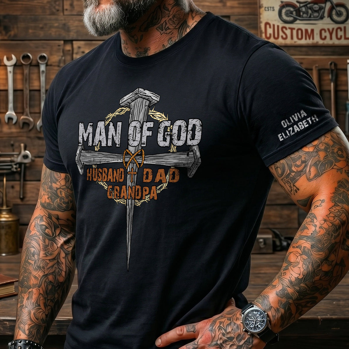 Man Of God Dad - Christian Father's Day Gifts Custom Kids' Names On Sleeves - Up To 12 Names - Personalized Shirt
