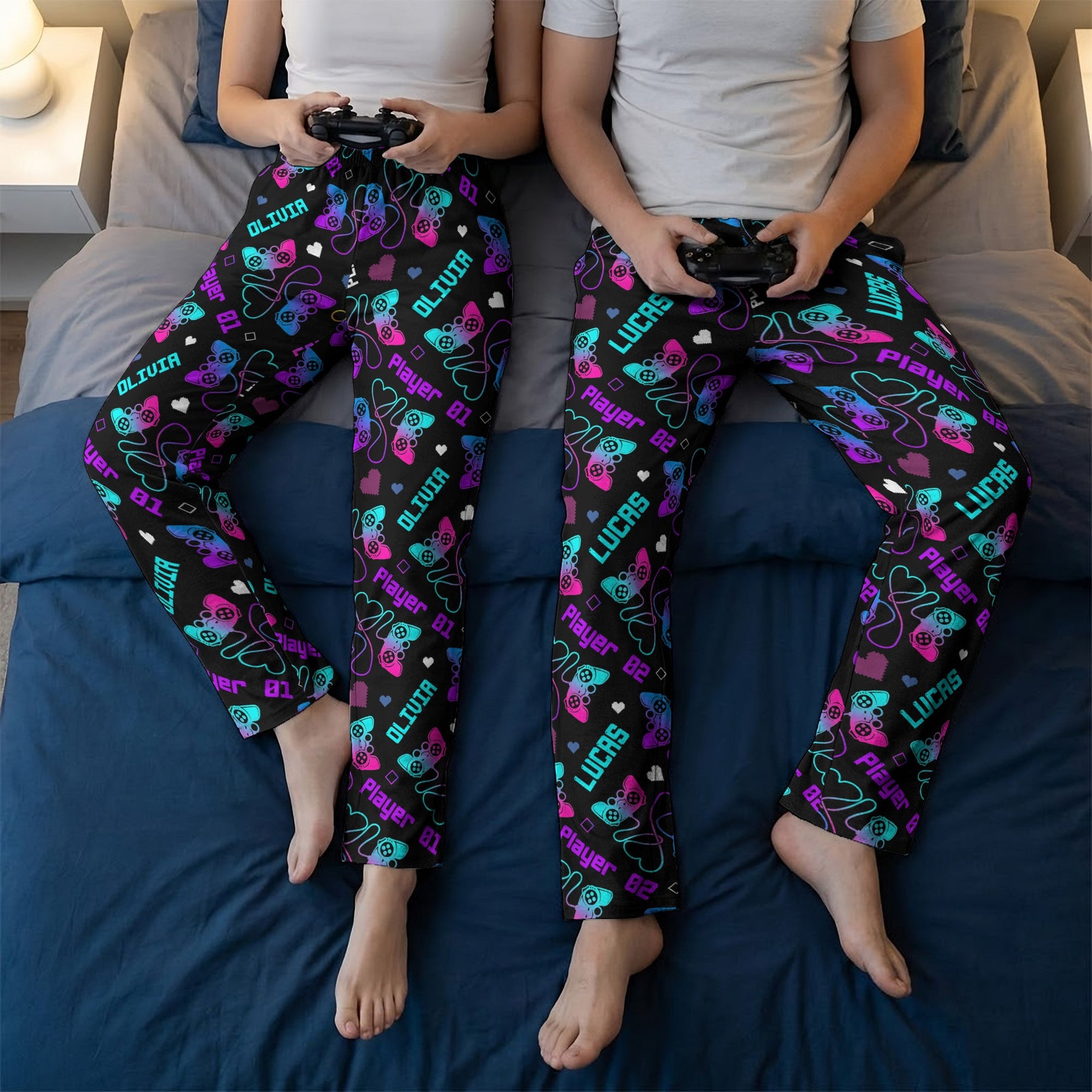 Matching Gaming Couples Player 01 02 - Personalized Matching Lounge Pants With Pockets