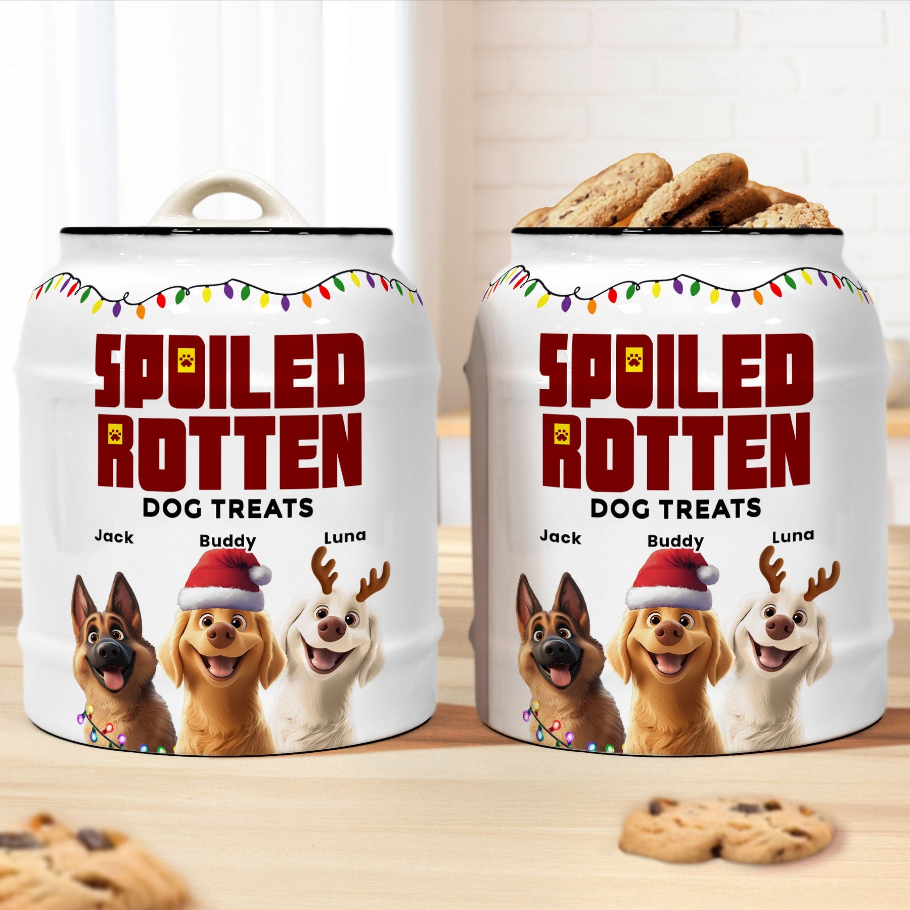 Merry Woofmas Spoiled Rotten Dog Treats - Personalized Cookie Jar