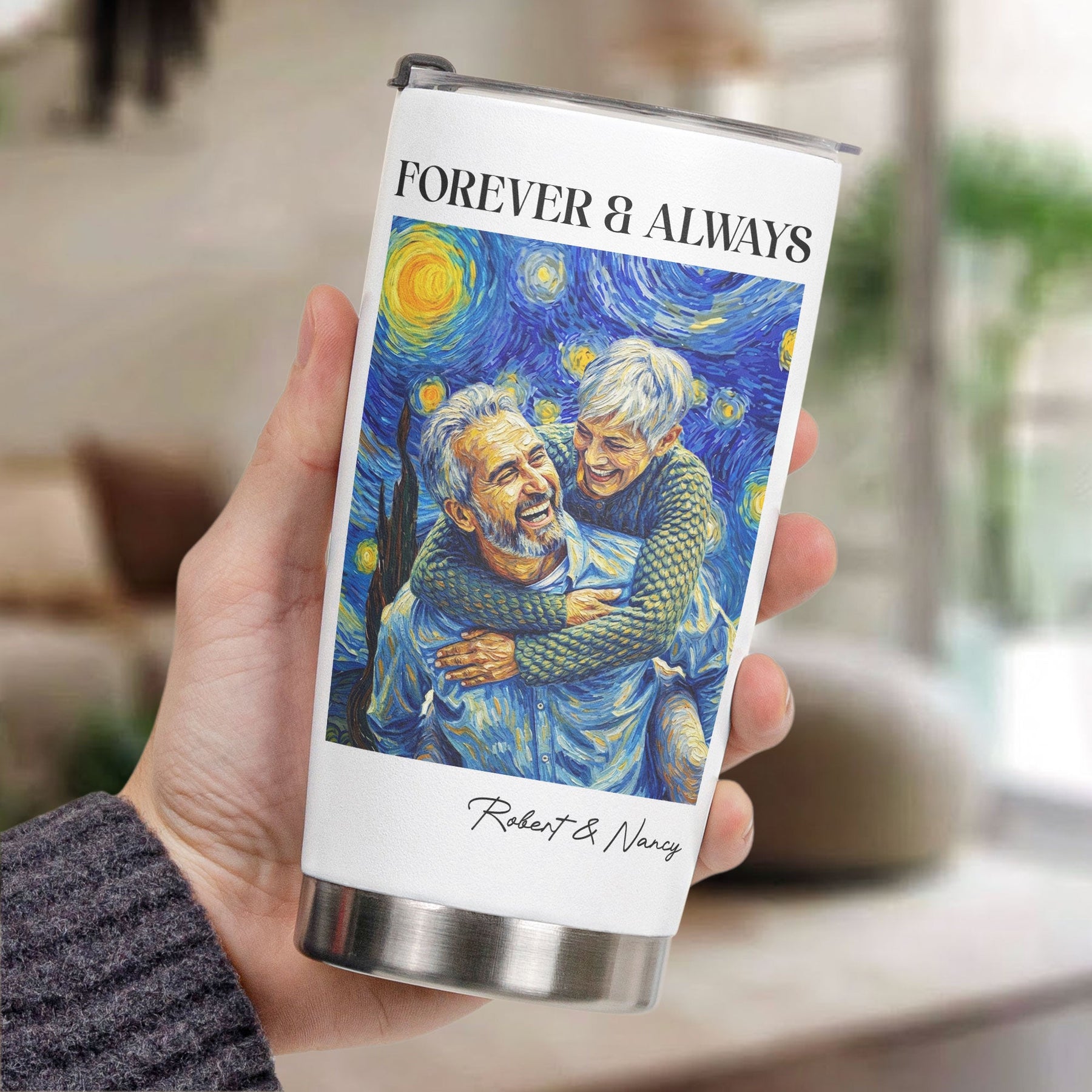 Couple Photo Van Gogh Art Forever & Always Anniversary Gift For Him, Her - Personalized Tumbler Cup