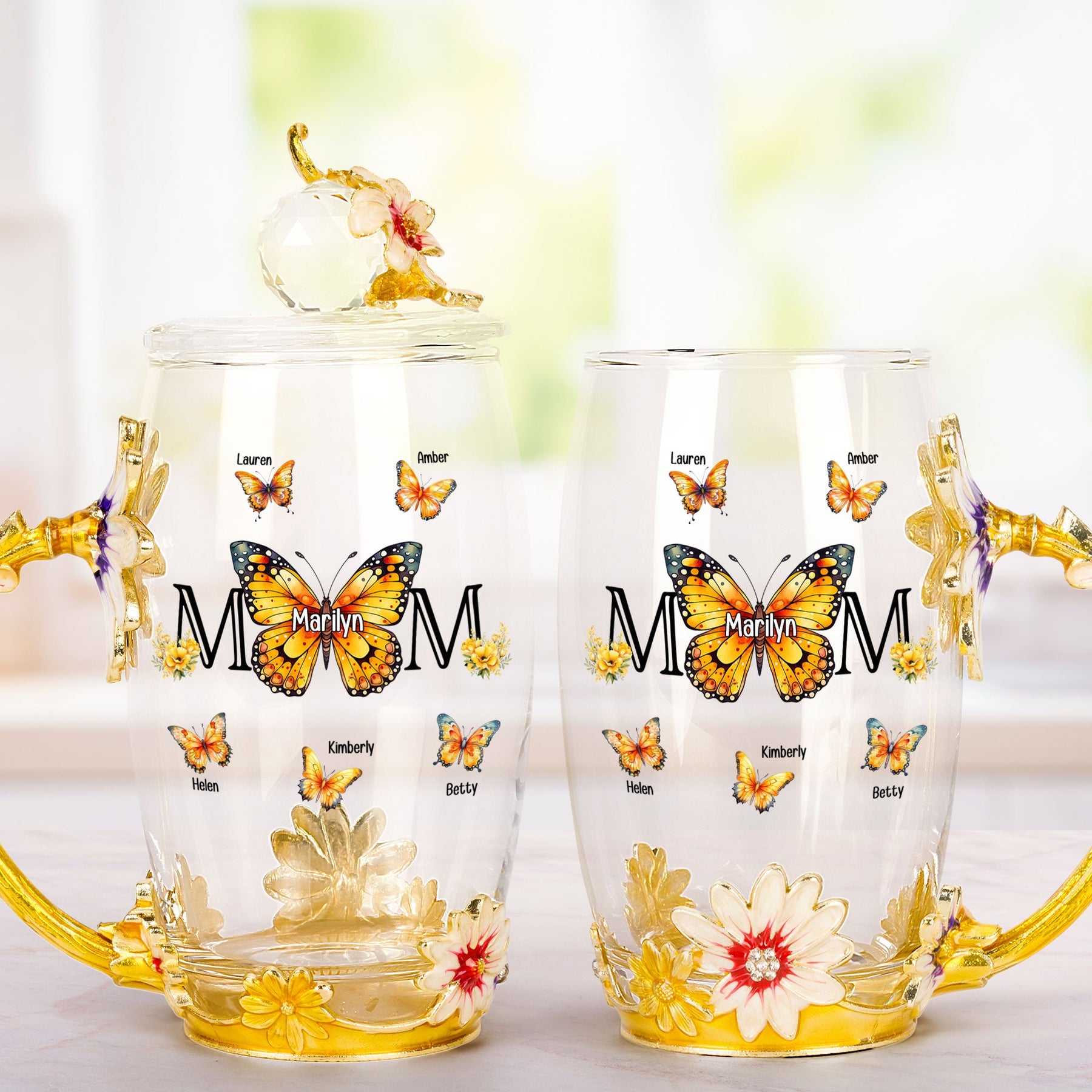 Mom And Children Butterflies - Personalized Enamel Flower Tea Cup