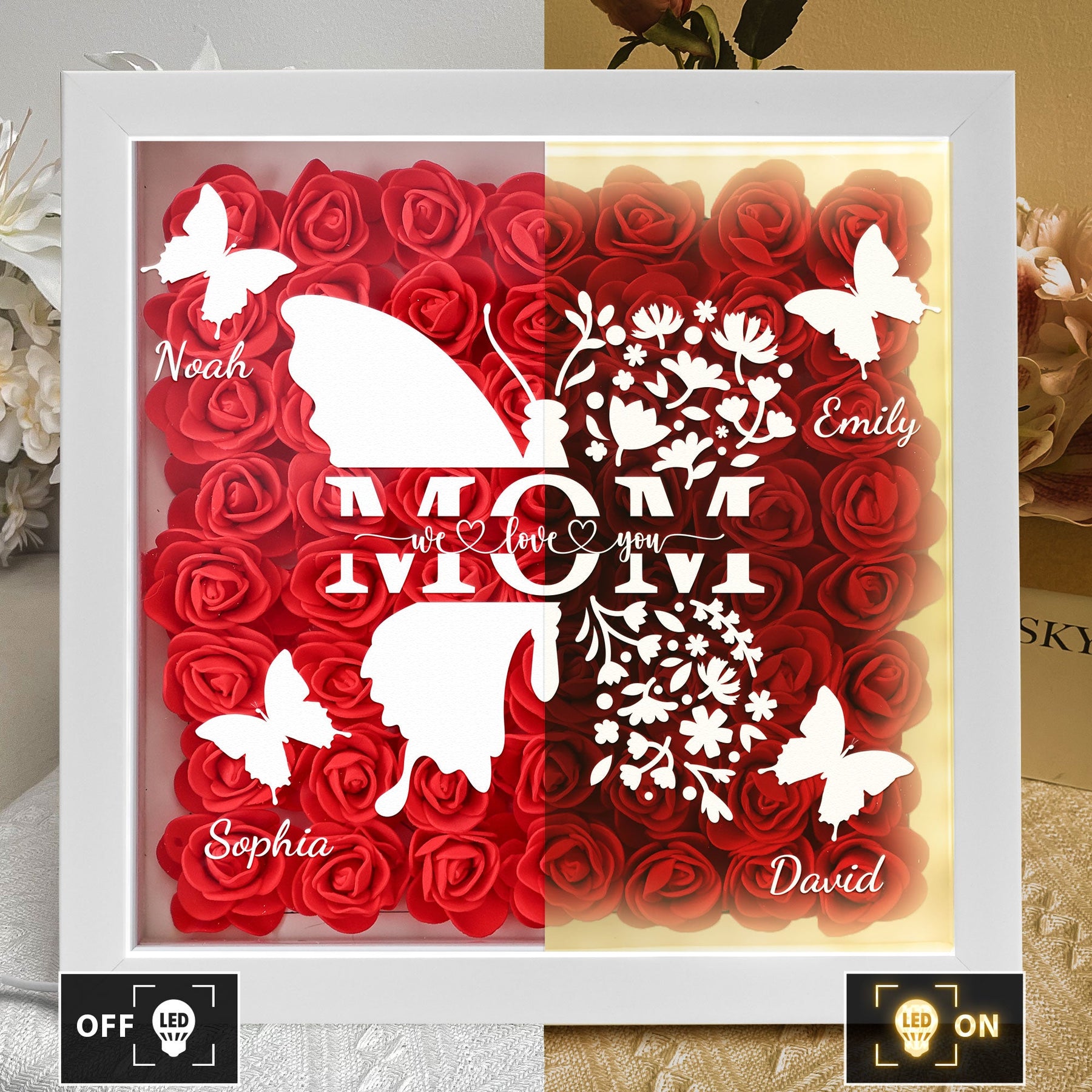Mom Butterfly New Version - Personalized Flower Shadow Box With LED Light