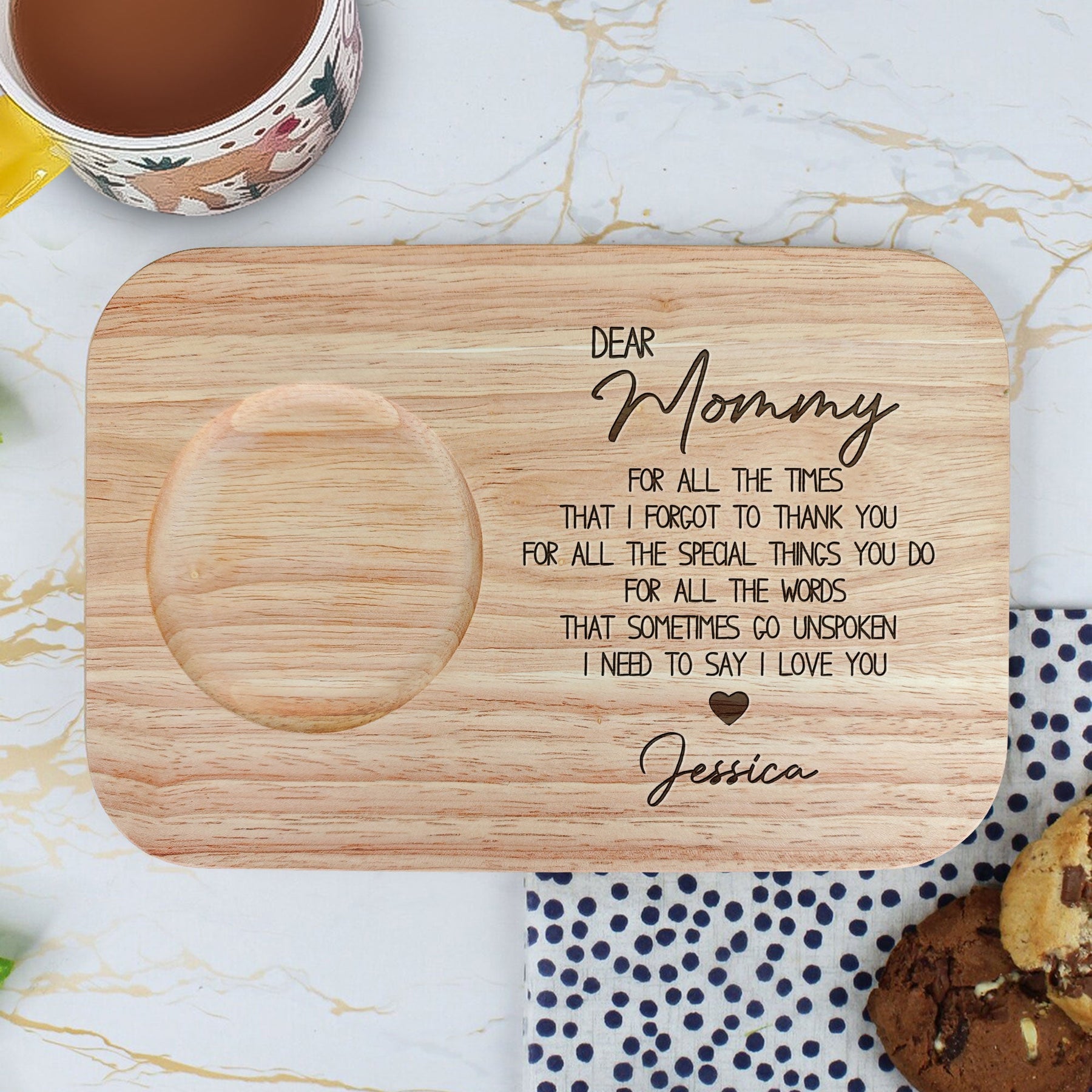 Mom Gifts From Daughter, Son - Custom Engraved Wooden Tea & Biscuit Board