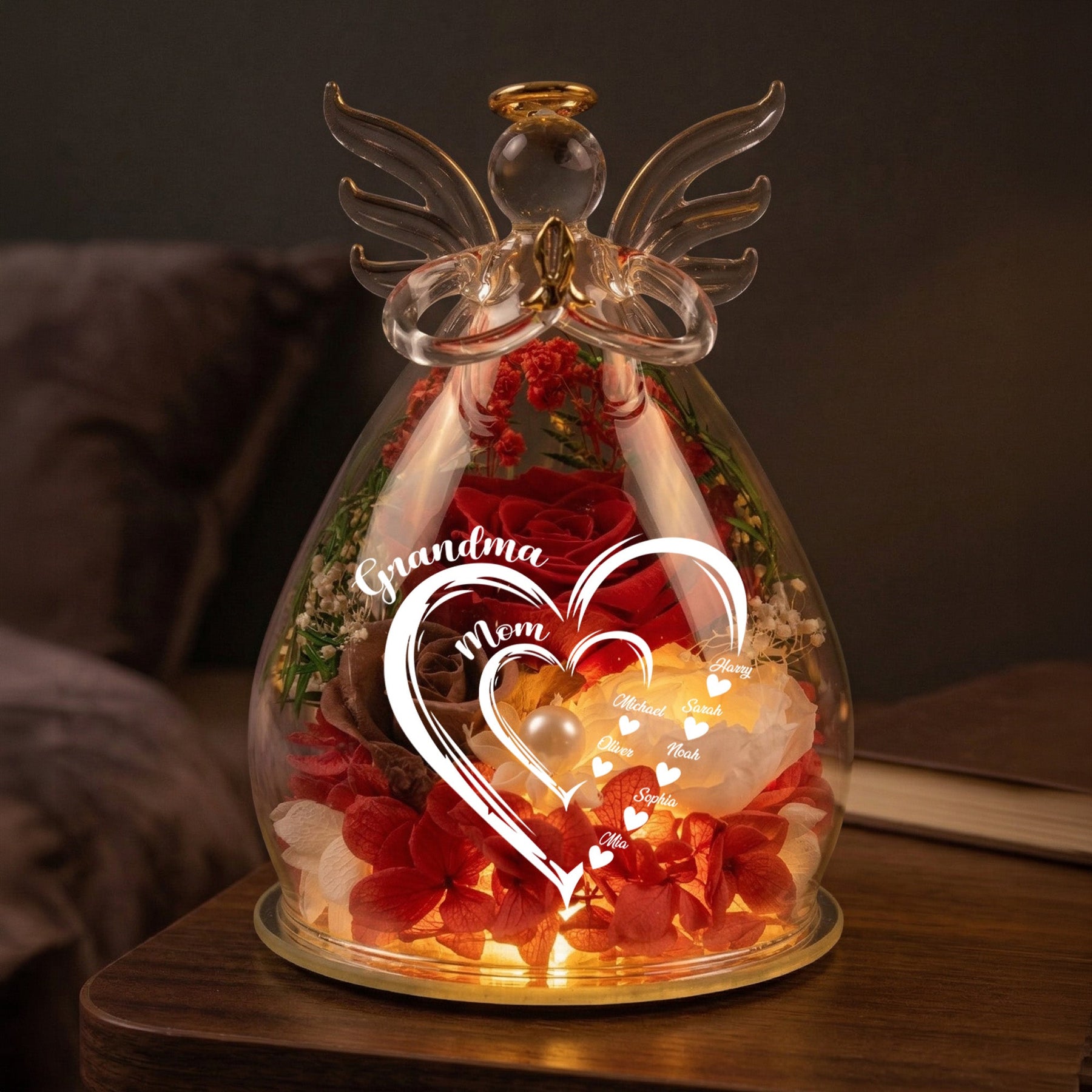 Mom Grandma Hearts Custom Kids' Names - Personalized Flower In Glass Angel Figurines