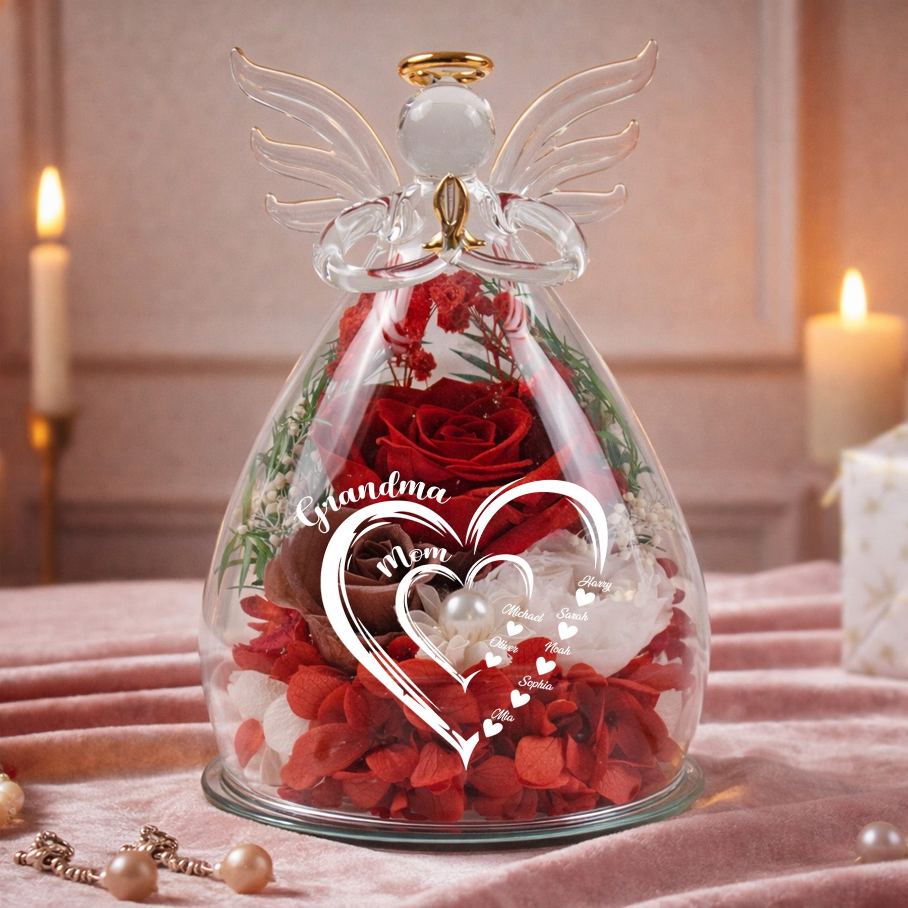 Mom Grandma Hearts Custom Kids' Names - Personalized Flower In Glass Angel Figurines