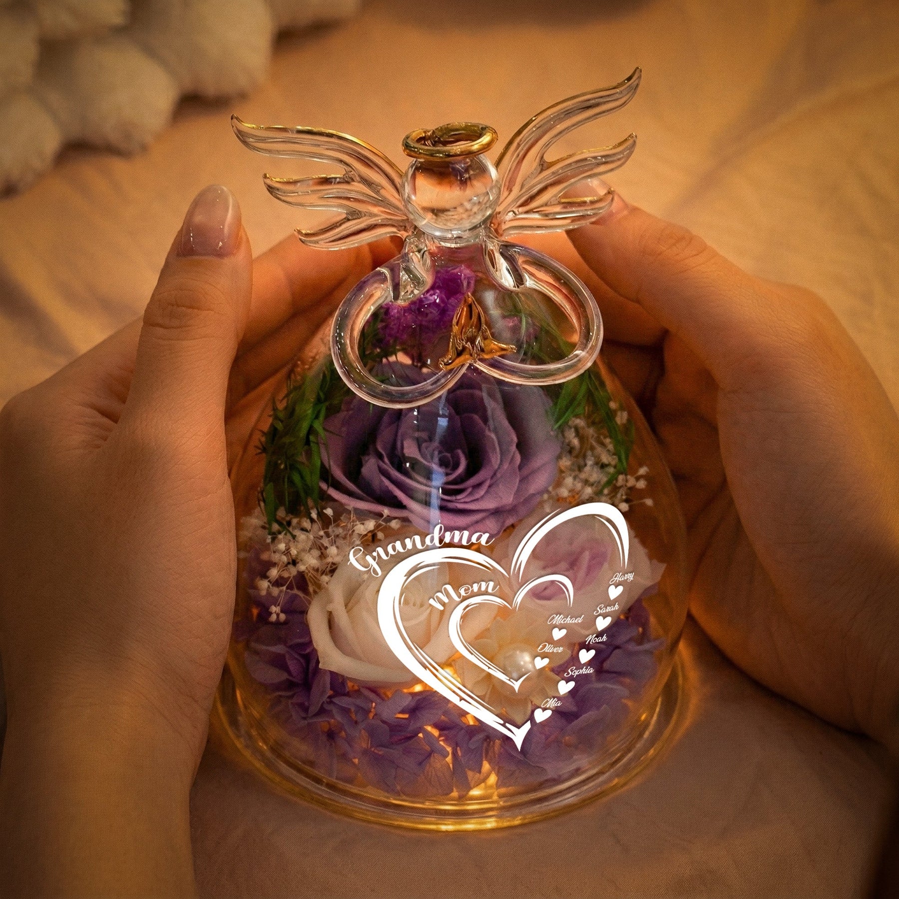 Mom Grandma Hearts Custom Kids' Names - Personalized Flower In Glass Angel Figurines