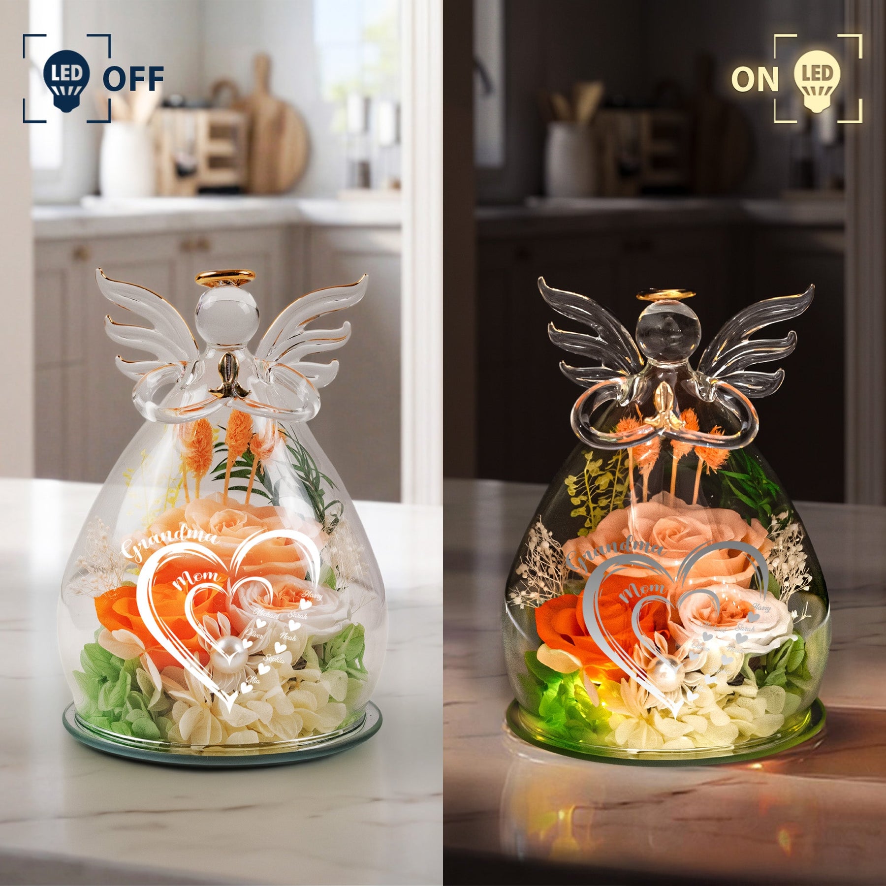 Mom Grandma Hearts Custom Kids' Names - Personalized Flower In Glass Angel Figurines